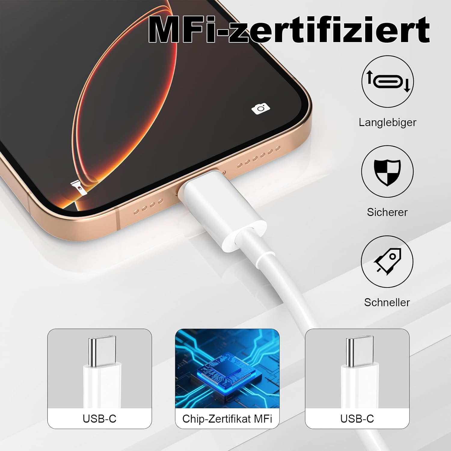 Kabel ładujący USB-C z certyfikatem MFi dla urządzeń Apple, trwały, bezpieczny.