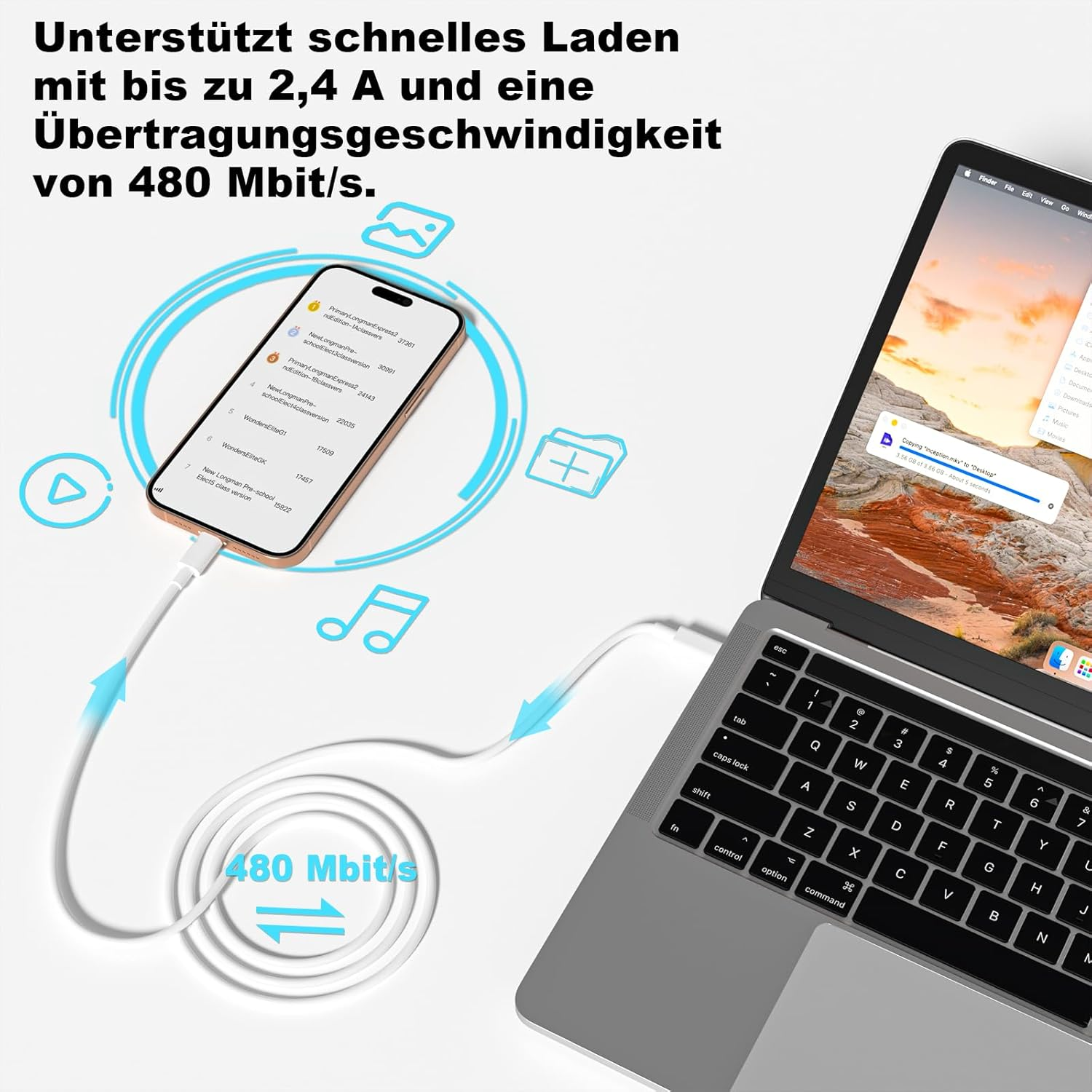 Laptop i smartfon połączone. Tekst o 2,4A i prędkości 480 Mbit/s.