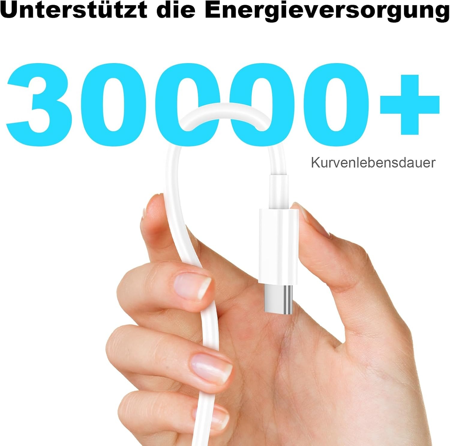 Ręka trzyma biały kabel USB-C przed 30000+.