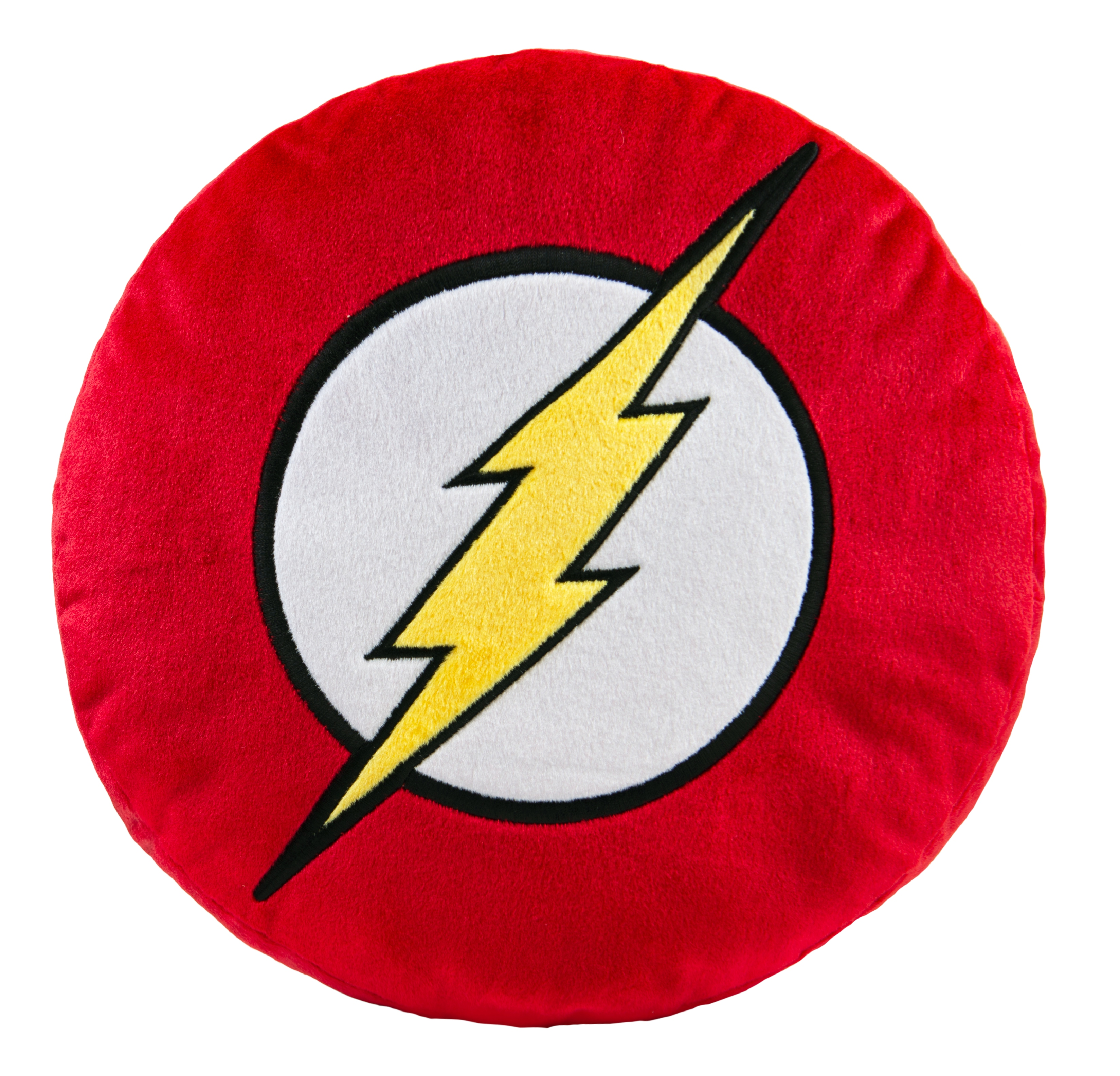 Cuscino rotondo rosso con il logo del fulmine di Flash.