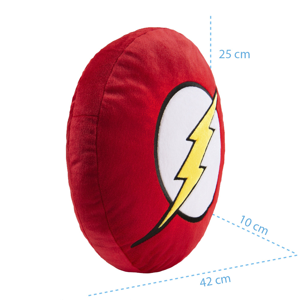 Cuscino rosso con simbolo Flash, alto 25cm, largo 42cm.