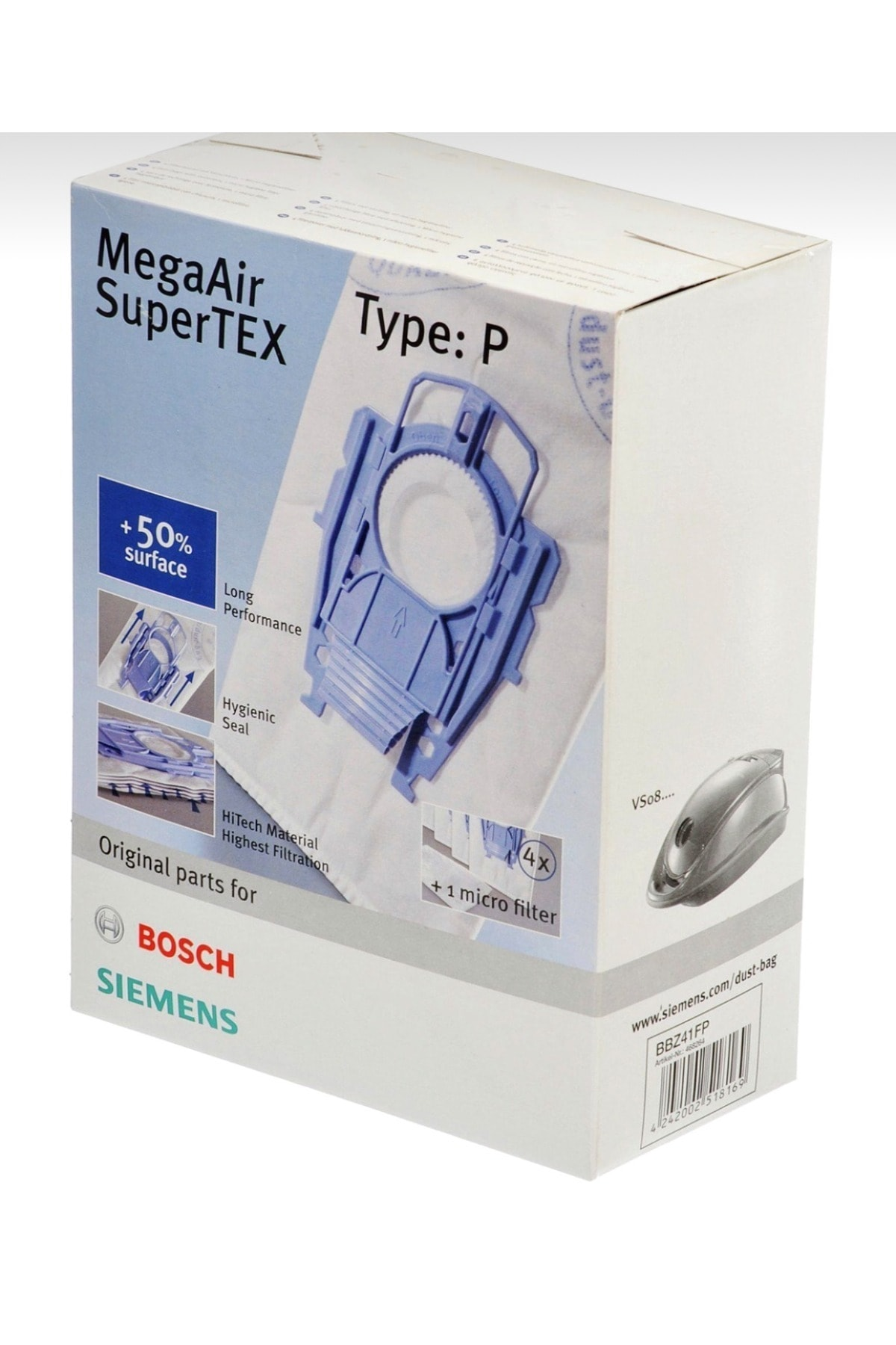 Süpürge torbası ambalajı: MegaAir SuperTEX, P Tipi, Bosch ve Siemens logolu.