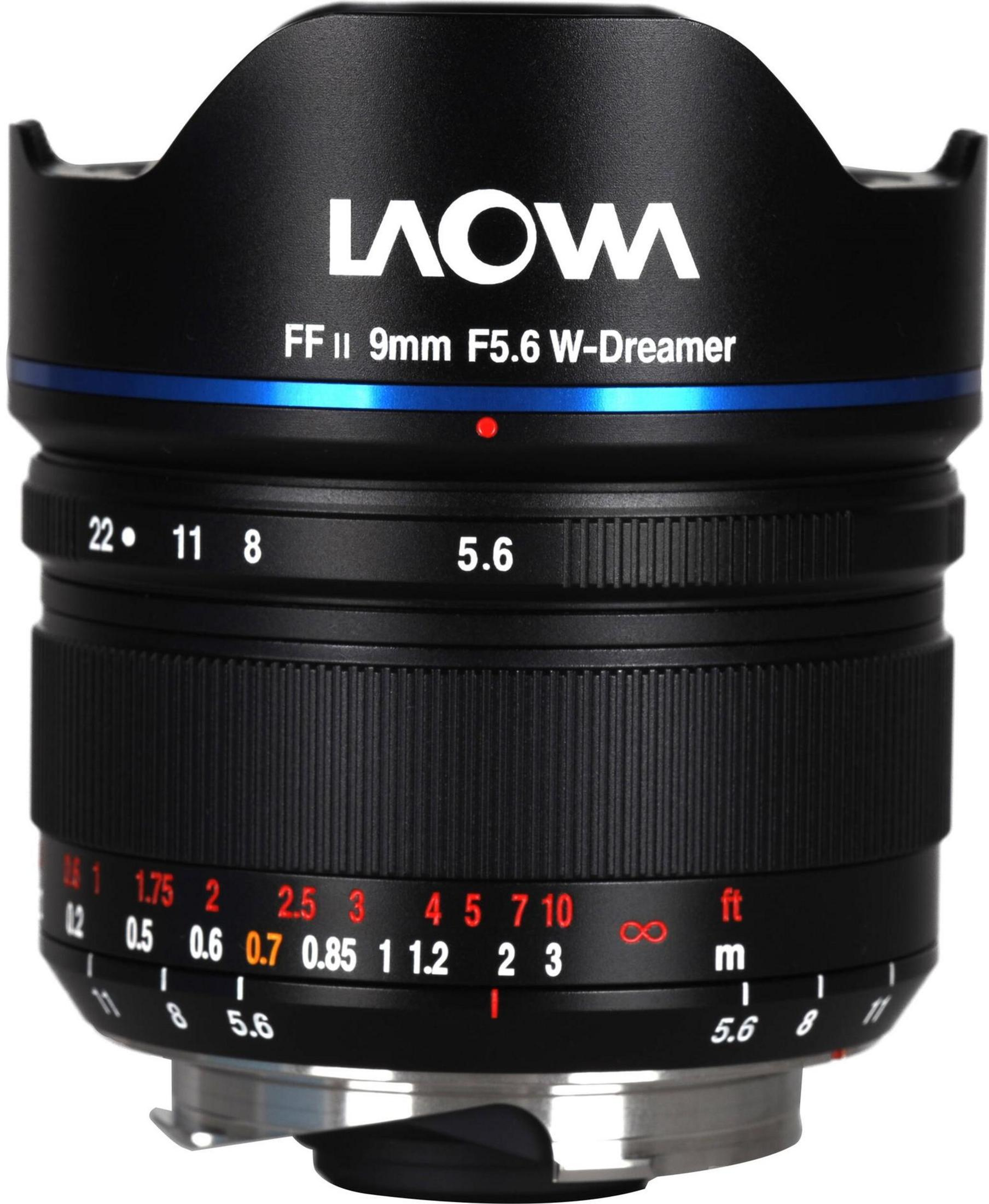 A black LAOWA FF II 9mm F5.6 W-Dreamer lens with focus and aperture rings visible.
