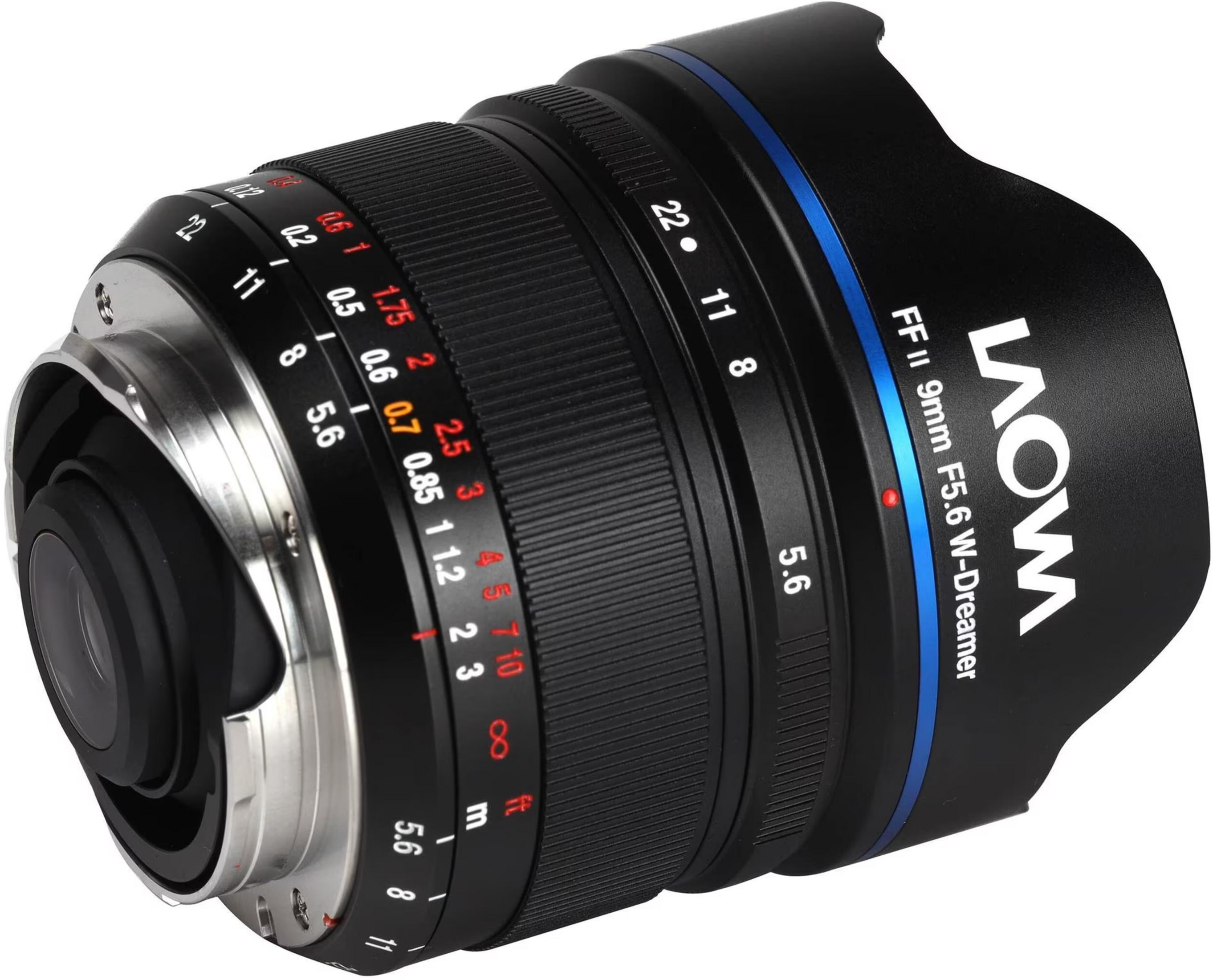 A black LAOWA lens with blue accents and white/red markings.