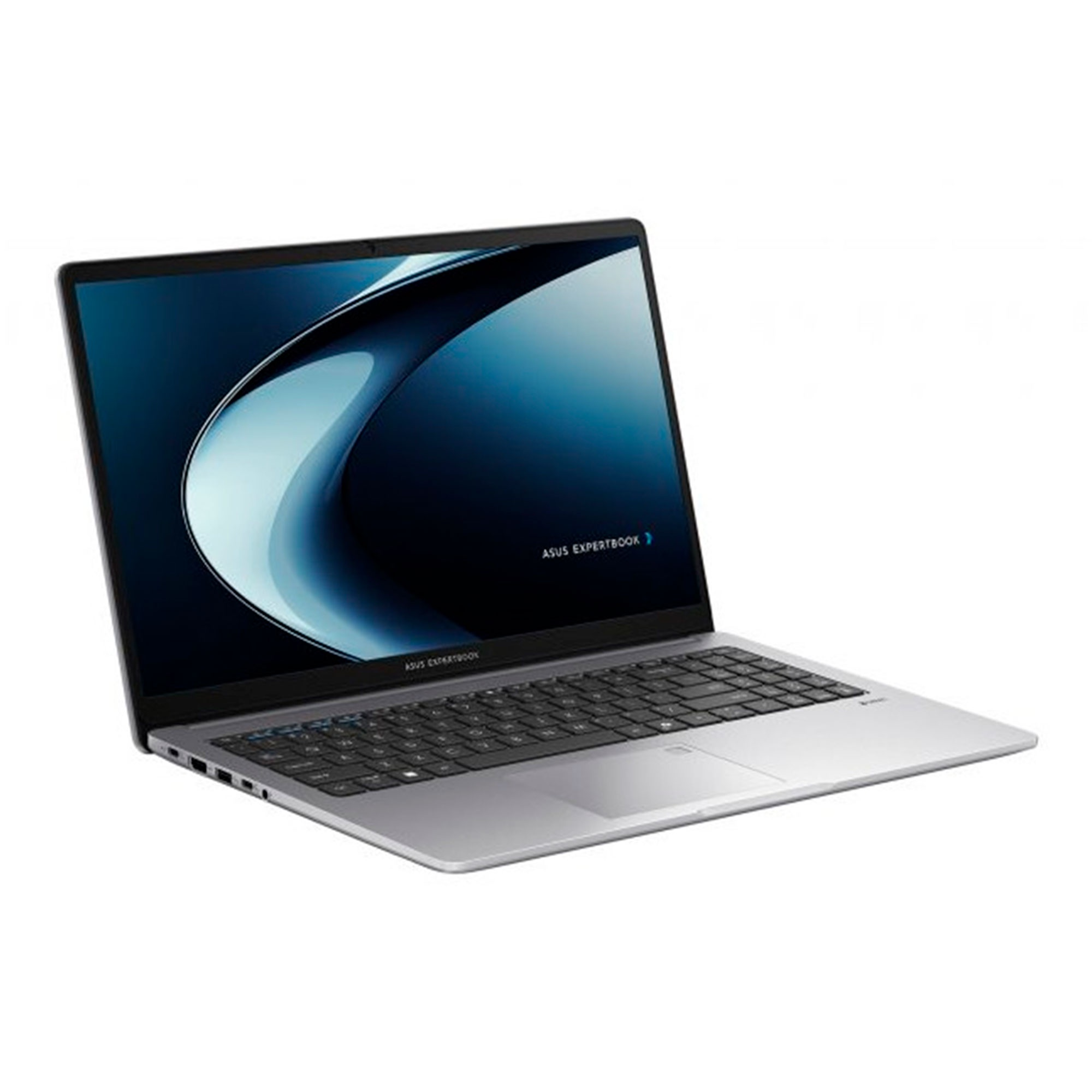 Un portátil Asus Expertbook plateado con un fondo de pantalla oscuro y curvo.