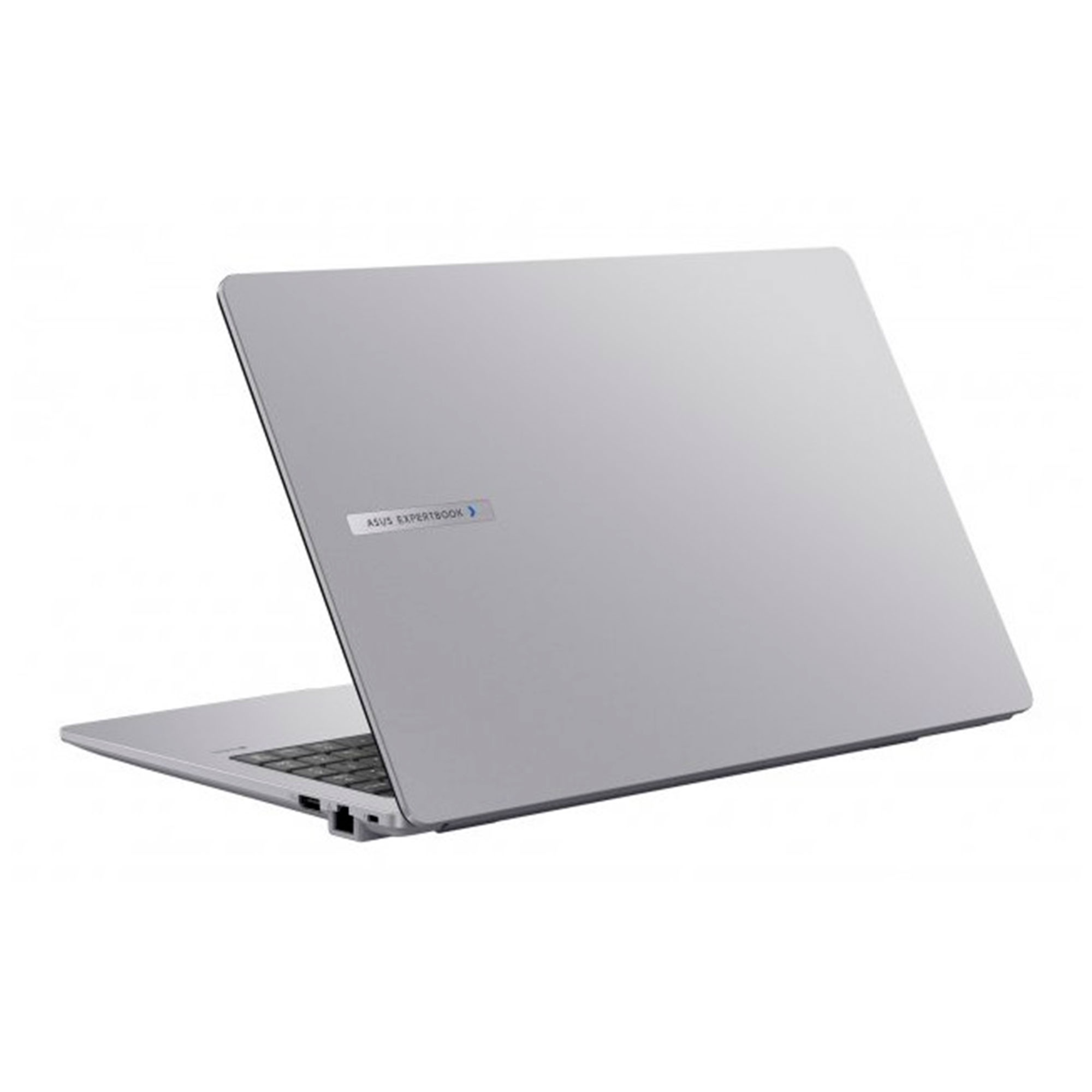 Un portátil Asus Expertbook plateado cerrado sobre fondo blanco.