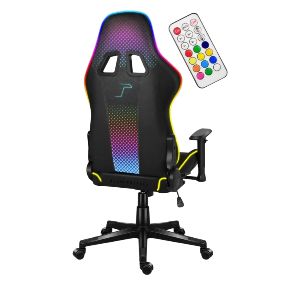 Czarny fotel gamingowy z oświetleniem RGB i pilotem.