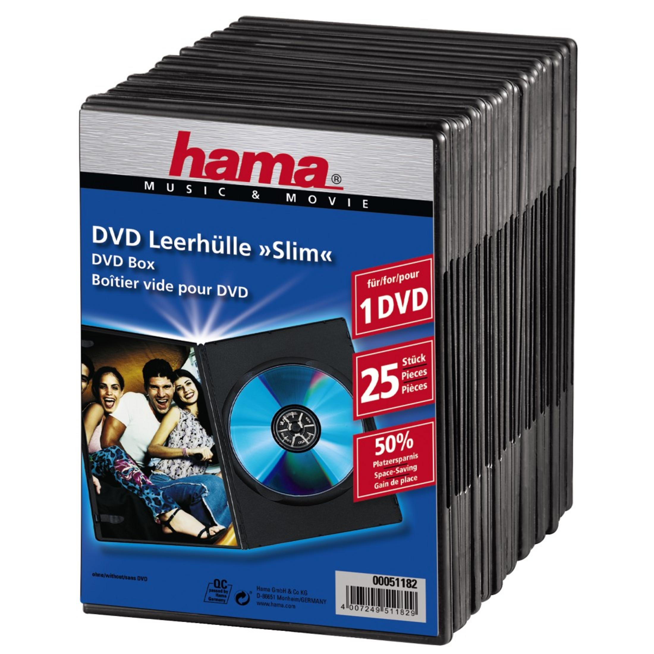Stapel Hama Slim DVD Hüllen mit Aufdruck. Eine Hülle zeigt eine DVD.