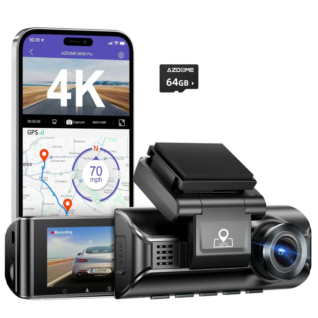 Dashcam met 4K-display, GPS-kaart en 64GB-geheugenkaart.