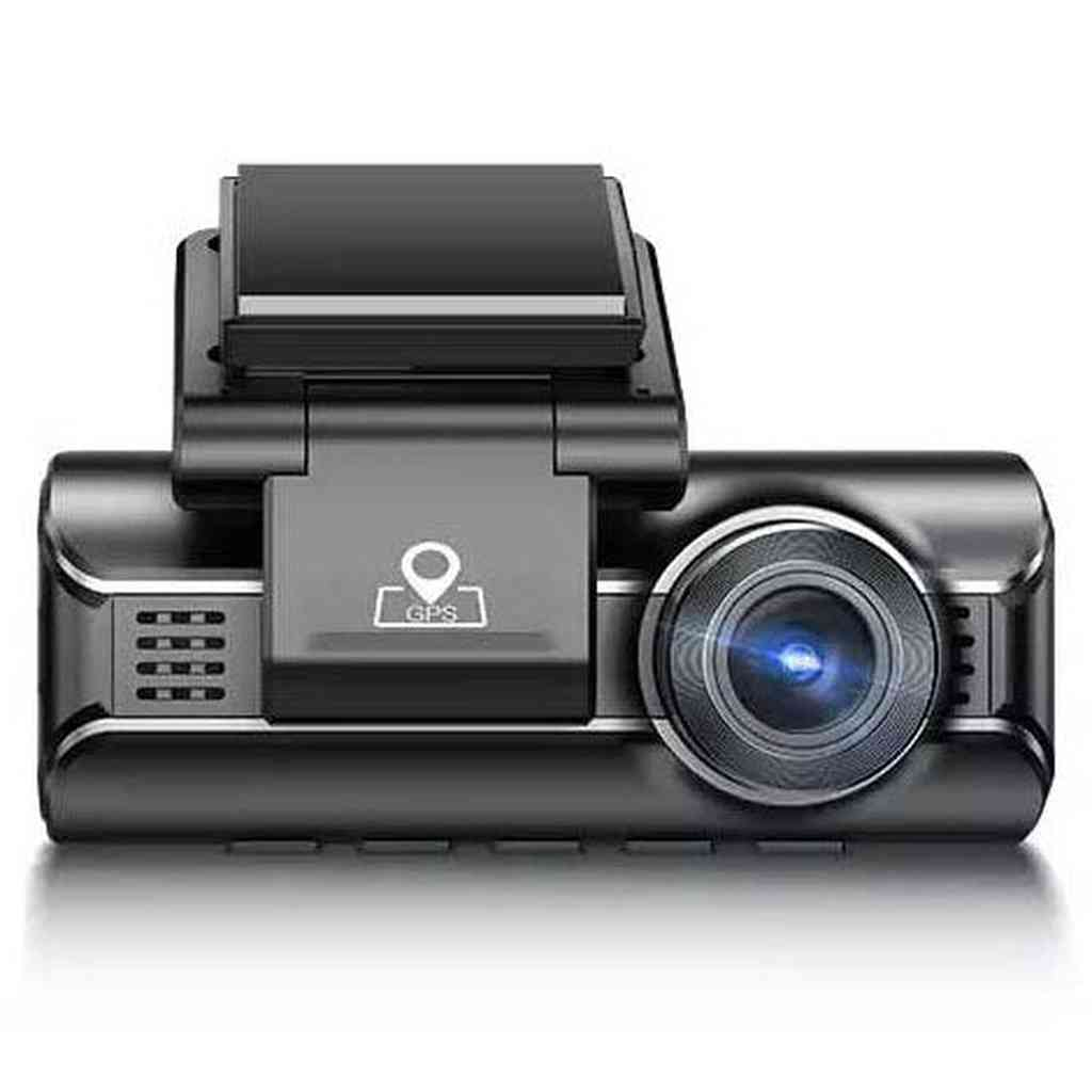 Zwarte GPS dashcam met lens en ventilatieopeningen.