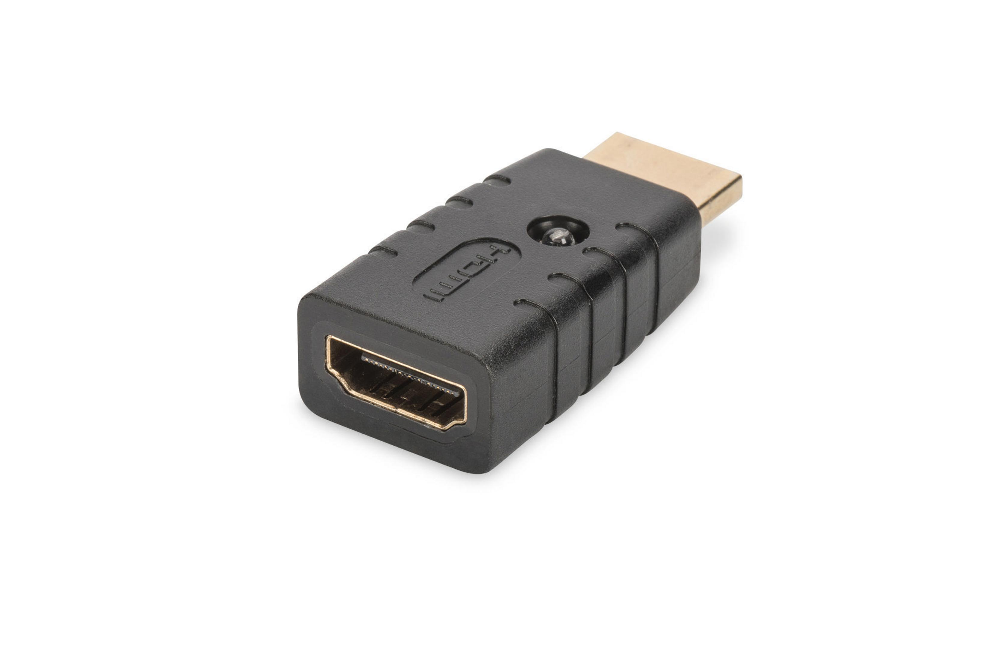 Ein schwarzer HDMI-Adapter mit goldfarbenem Stecker und Buchse.
