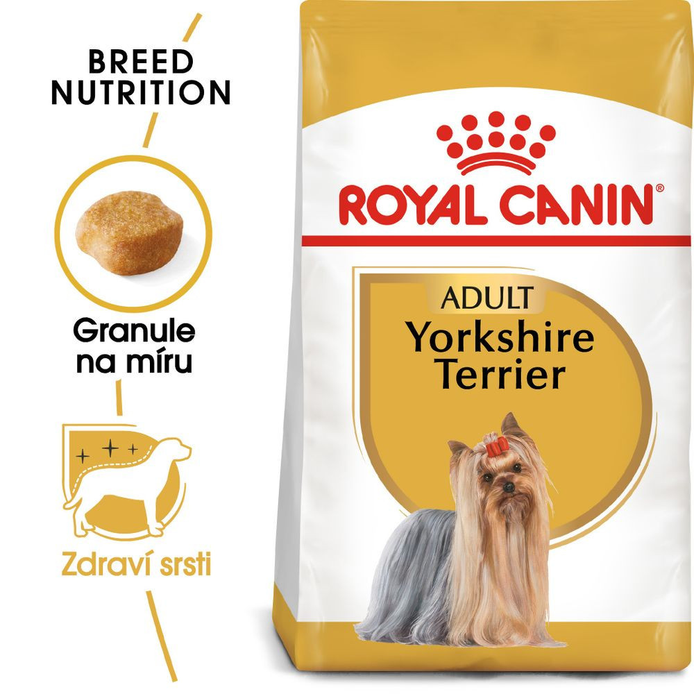 Torba karmy Royal Canin dla Yorkshire Terrierów, z karmą i psem.