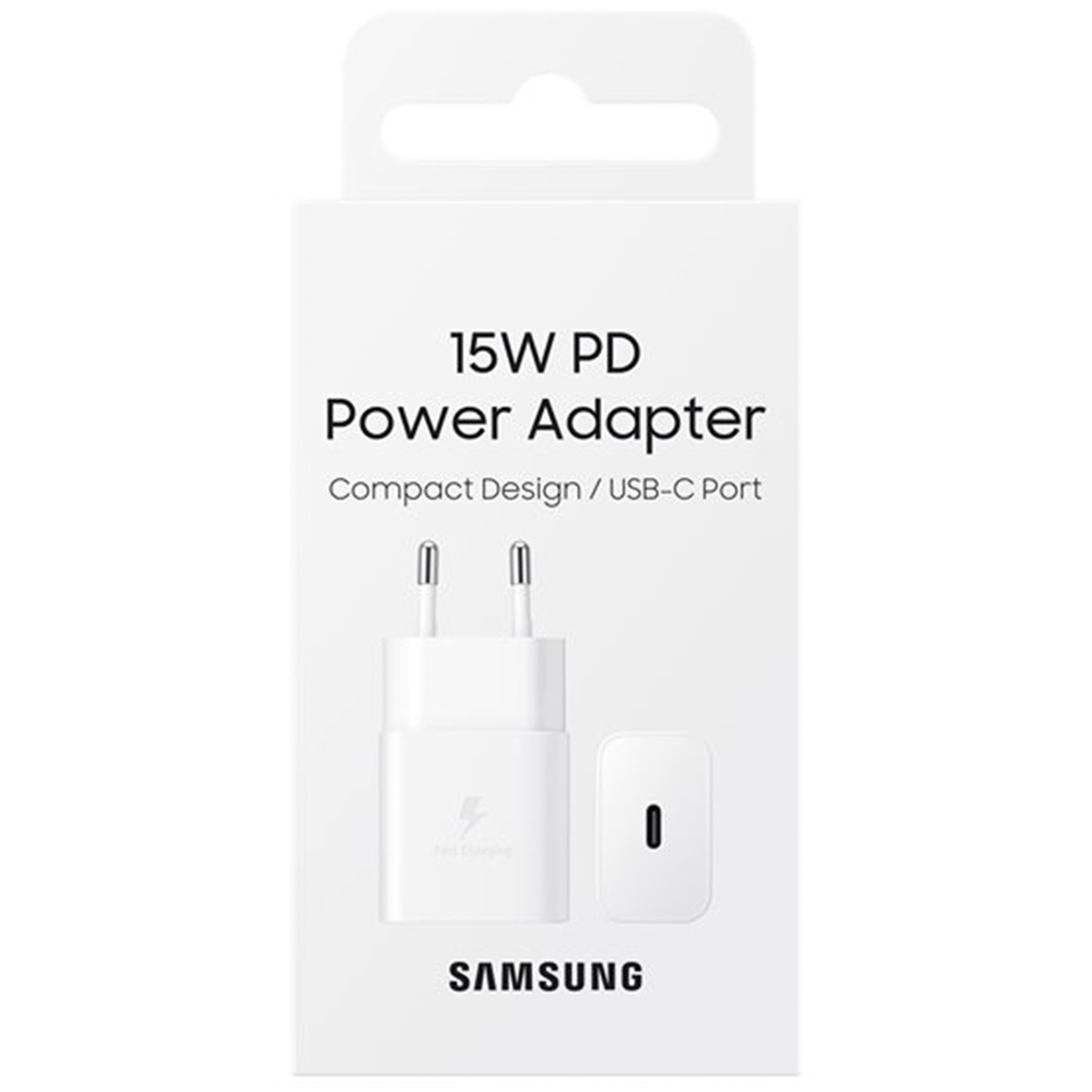 Emballage blanc adaptateur secteur Samsung 15W PD avec adaptateur.
