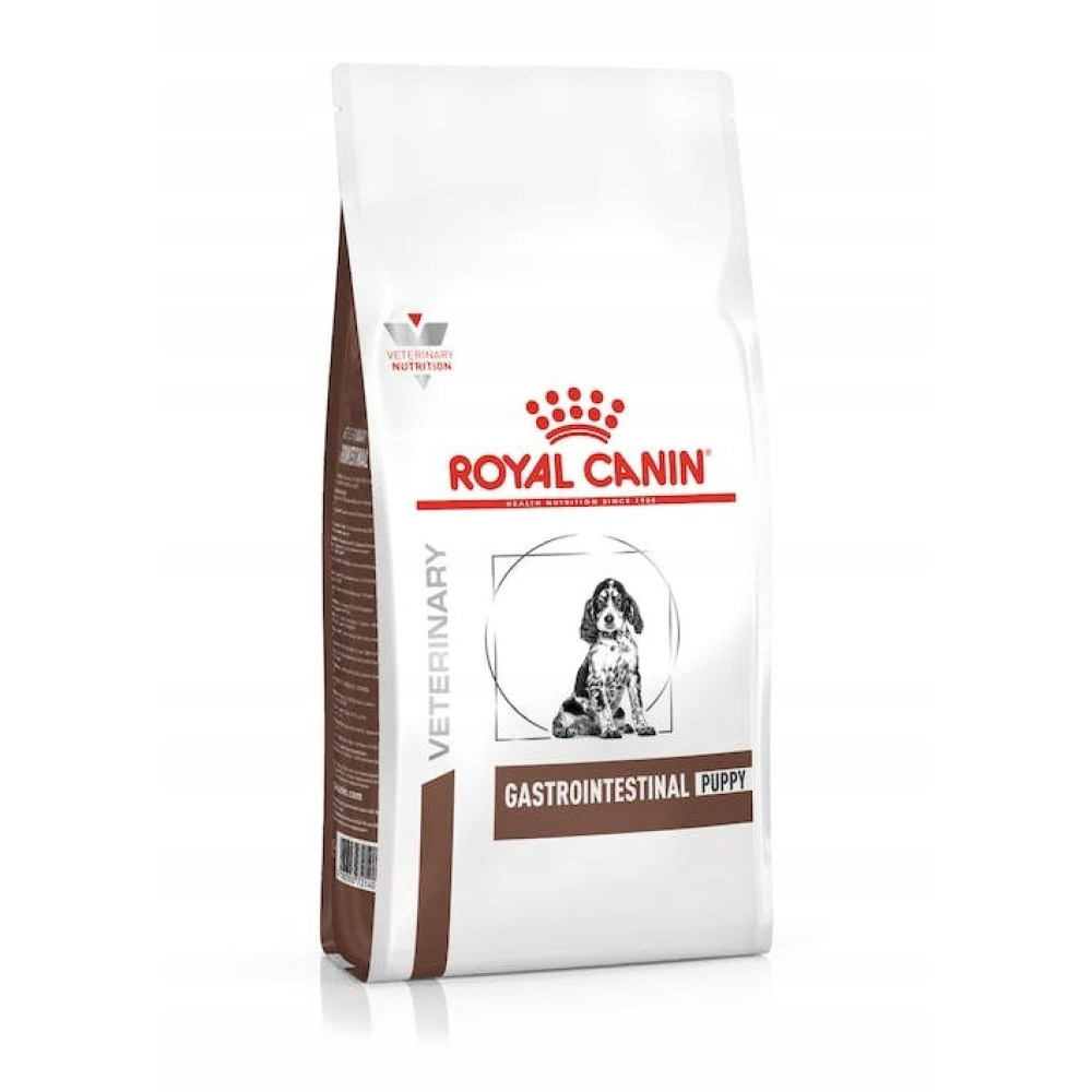 Biała torba karmy dla psów z logo Royal Canin, zdjęciem psa i napisem 'Gastrointestinal Puppy'.