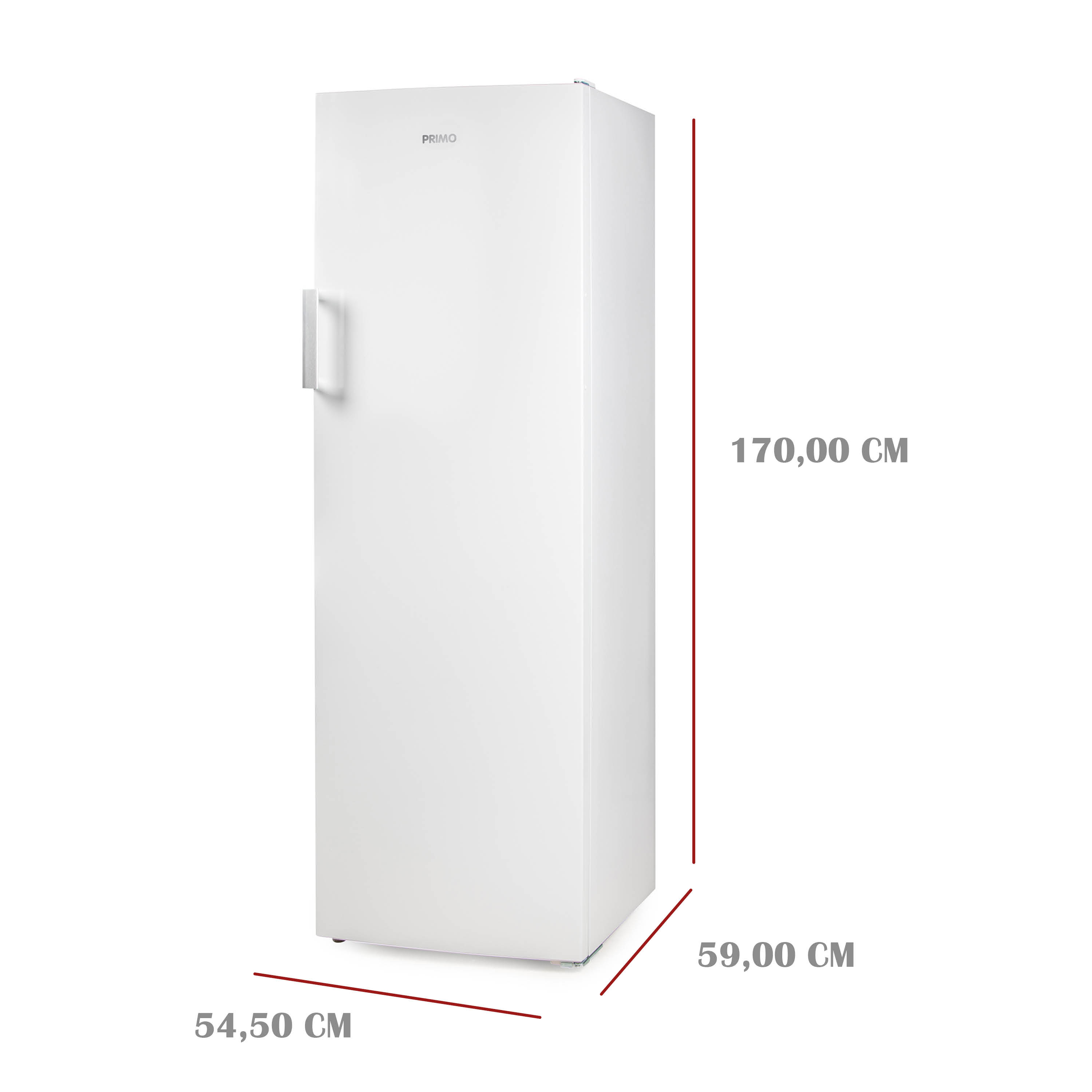 Een hoge, witte koelkast met een zilverkleurig handvat. Afmetingen aangegeven.