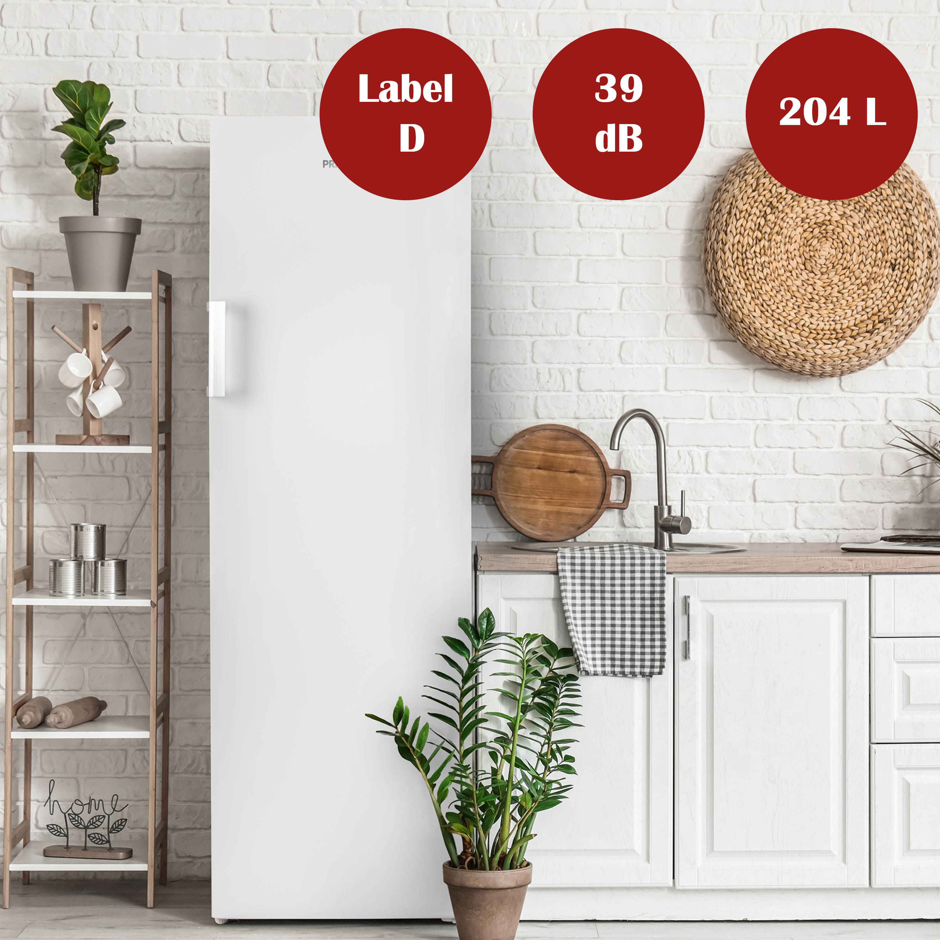 Witte koelkast met rode cirkels: Label D, 39 dB, 204 L inhoud.