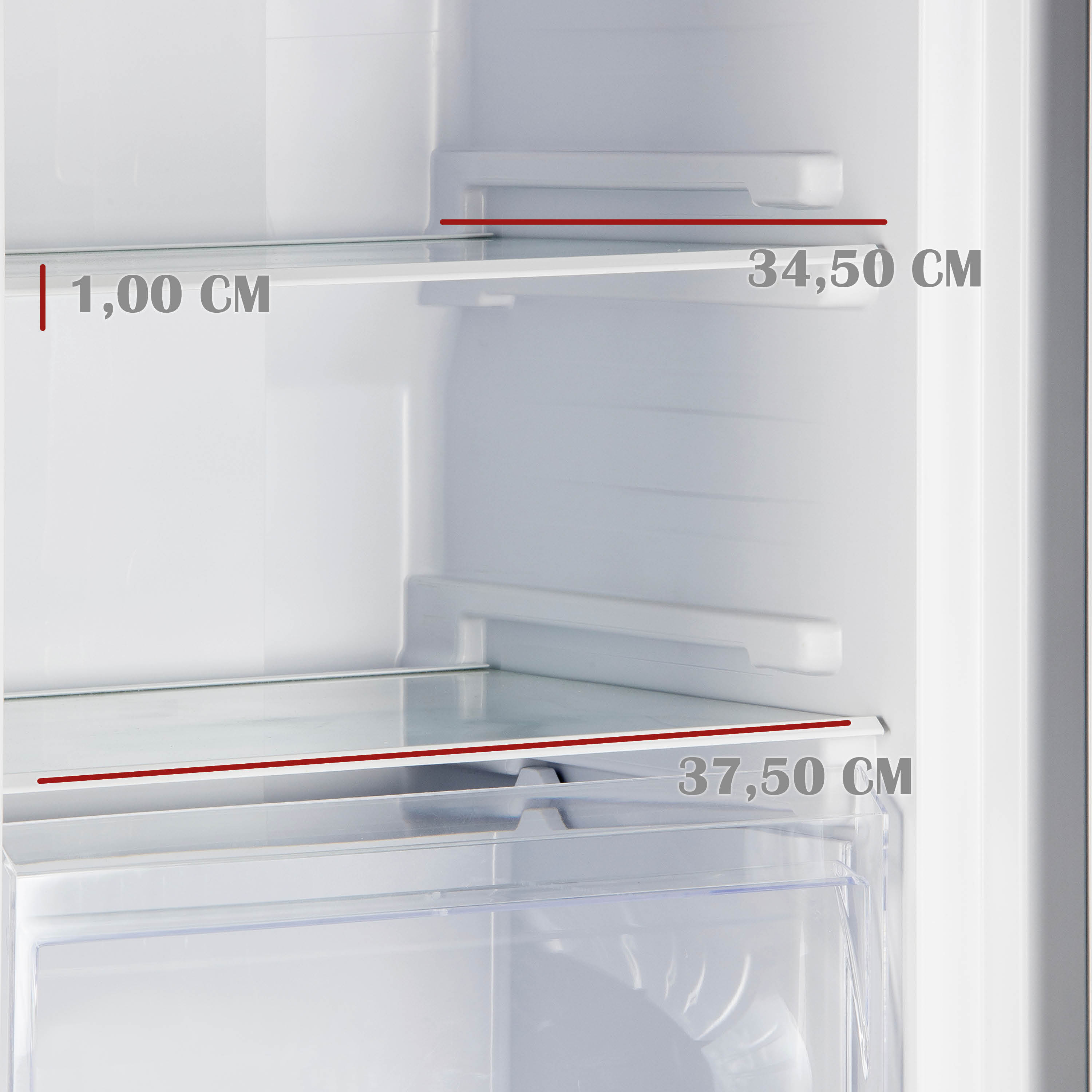 Binnenaanzicht van een koelkast met afmetingen van 1,00 cm, 34,50 cm en 37,50 cm.