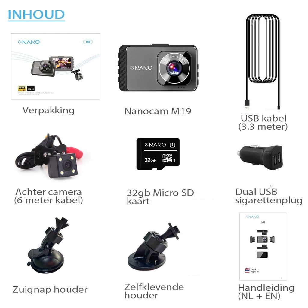 Inhoud: Nanocam, achteruitrijcamera, SD-kaart, kabels, houders, handleiding.