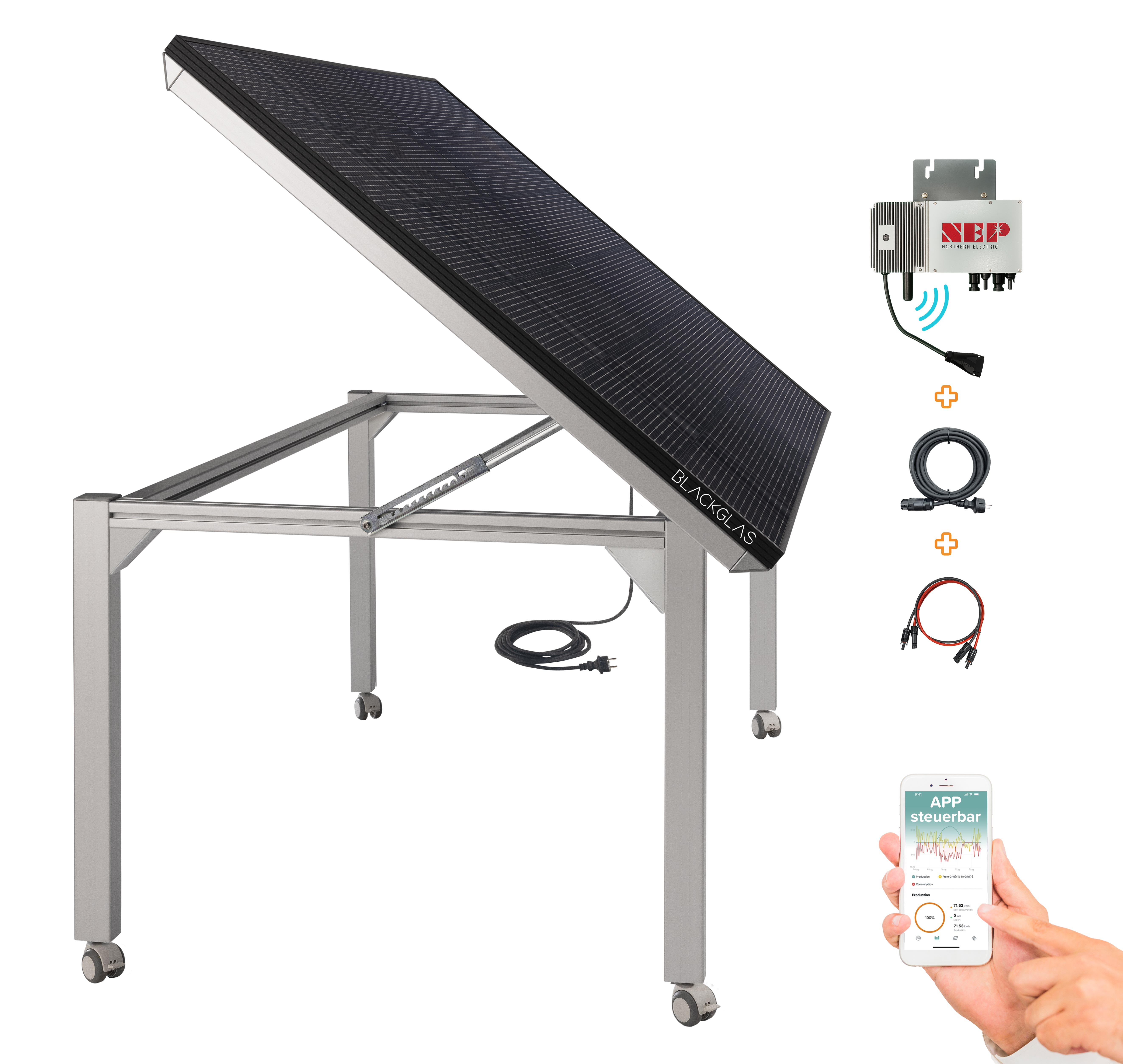 Ein schwarzes Solarpanel auf einem silbernen Gestell mit Rädern und Zubehör.