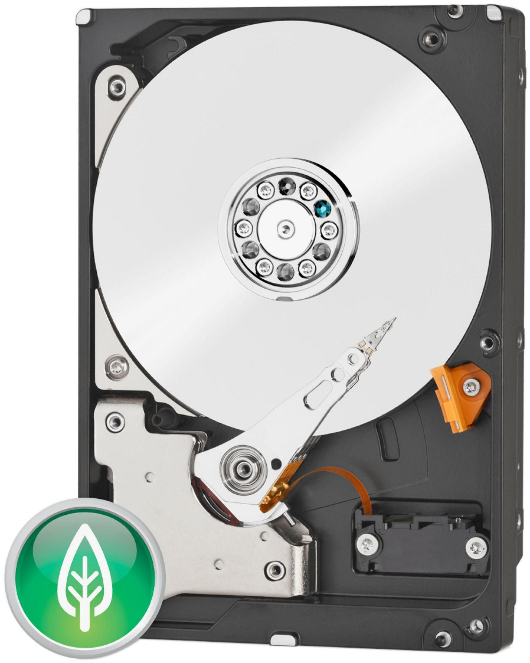 Hard disk aperto mostra piatto argentato, testina di lettura e logo verde.