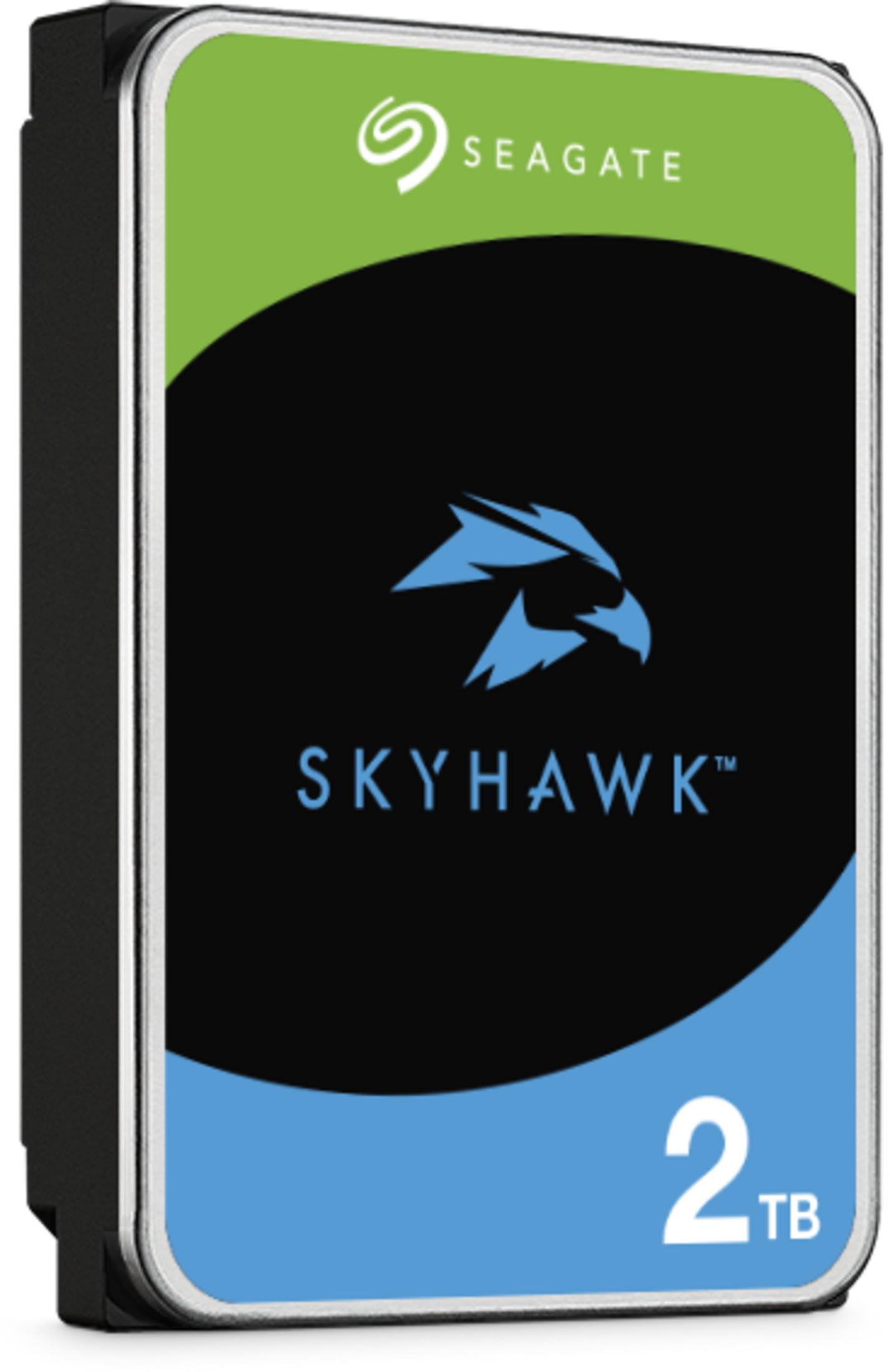 Hard disk Seagate Skyhawk 2TB con logo aquila blu. Verde in alto, nero al centro, blu in basso.