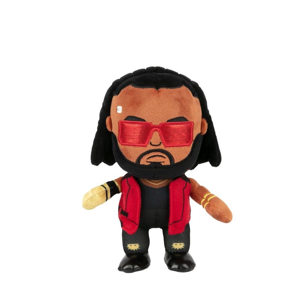Peluche di un uomo con capelli scuri, occhiali da sole e gilet rosso.