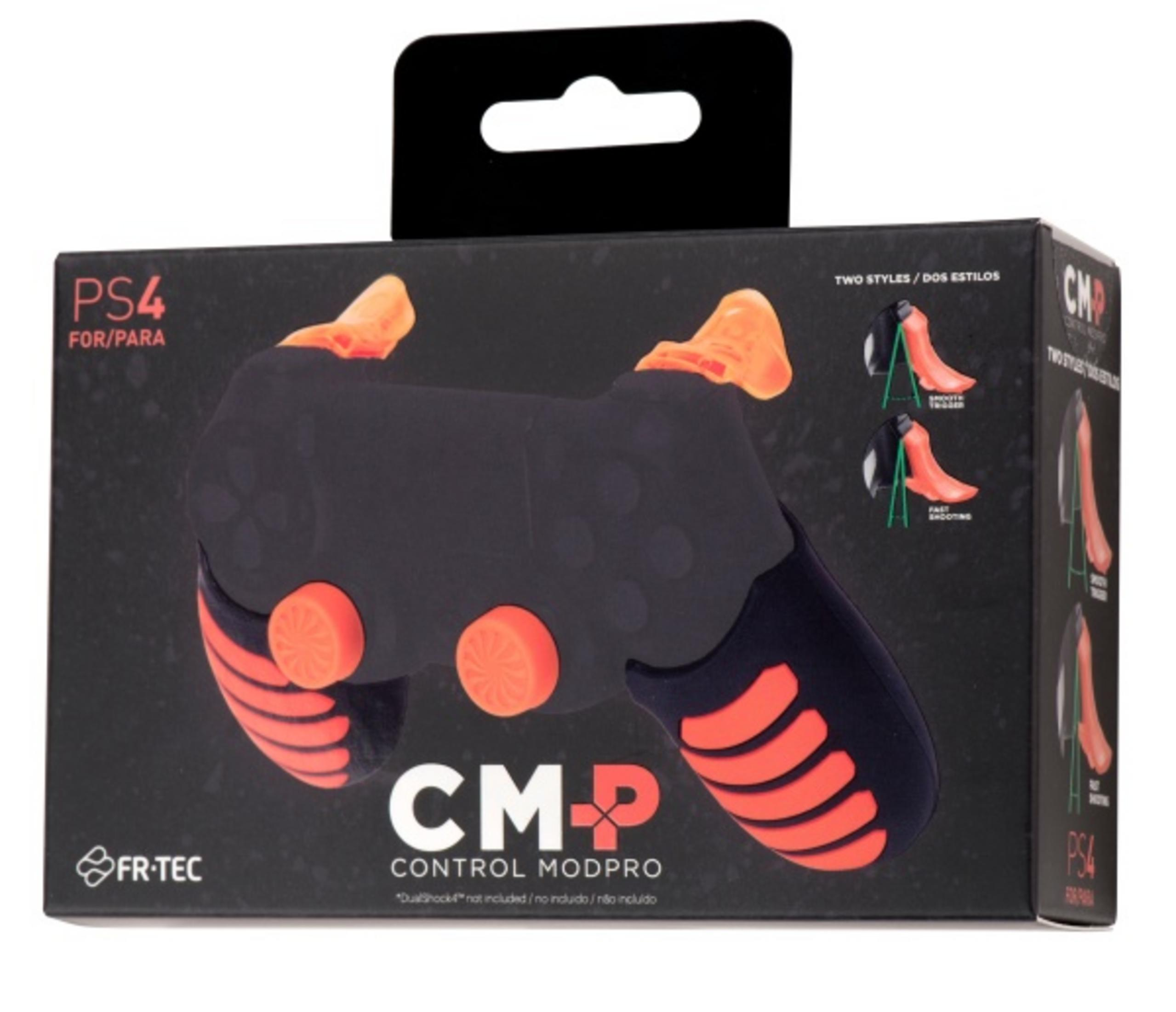 Accessorio nero per controller PS4 con accenti arancioni, su confezione nera.