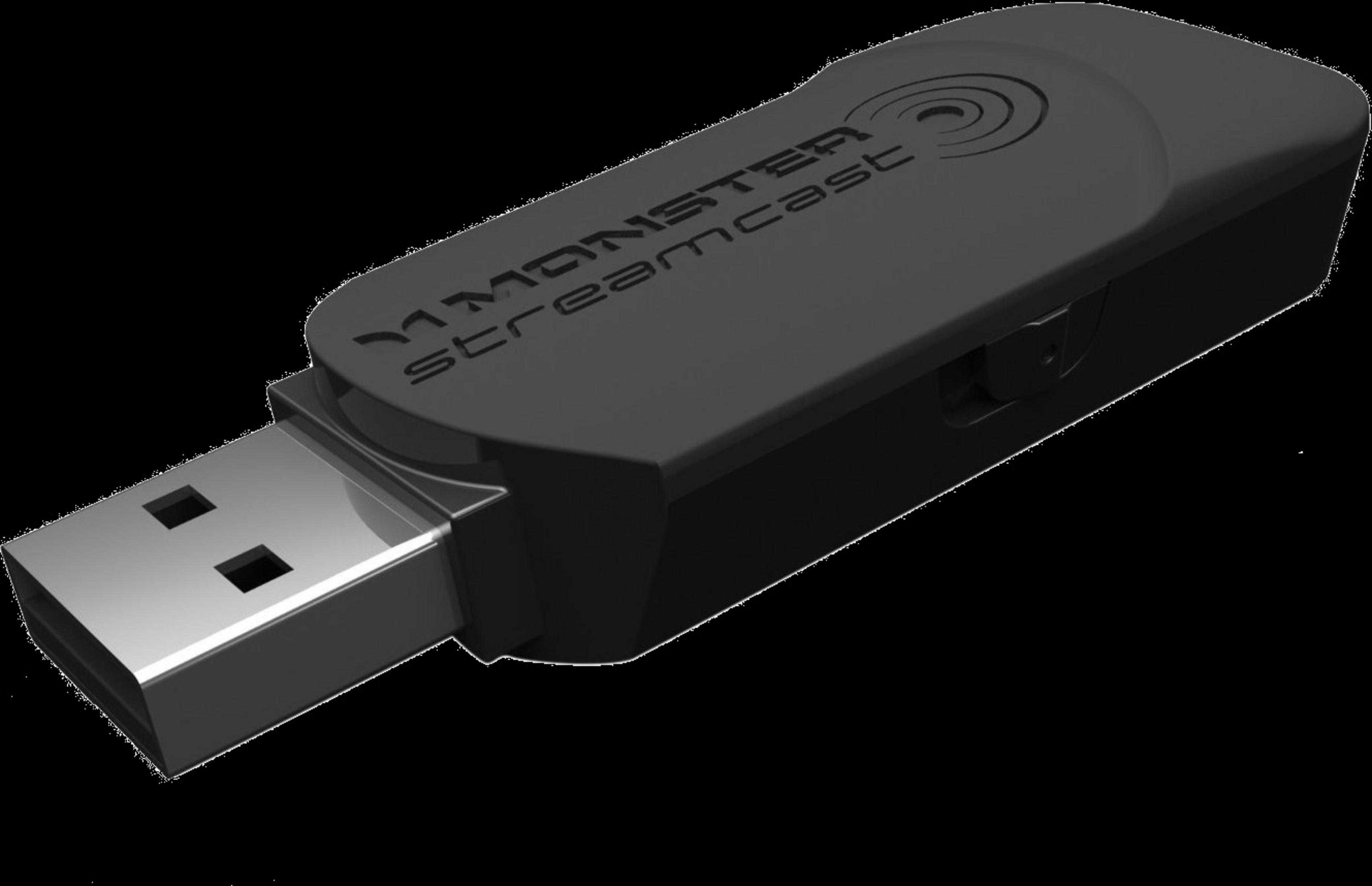 Ein schwarzer USB-Streaming-Dongle mit dem Logo von Monster Streamcast.