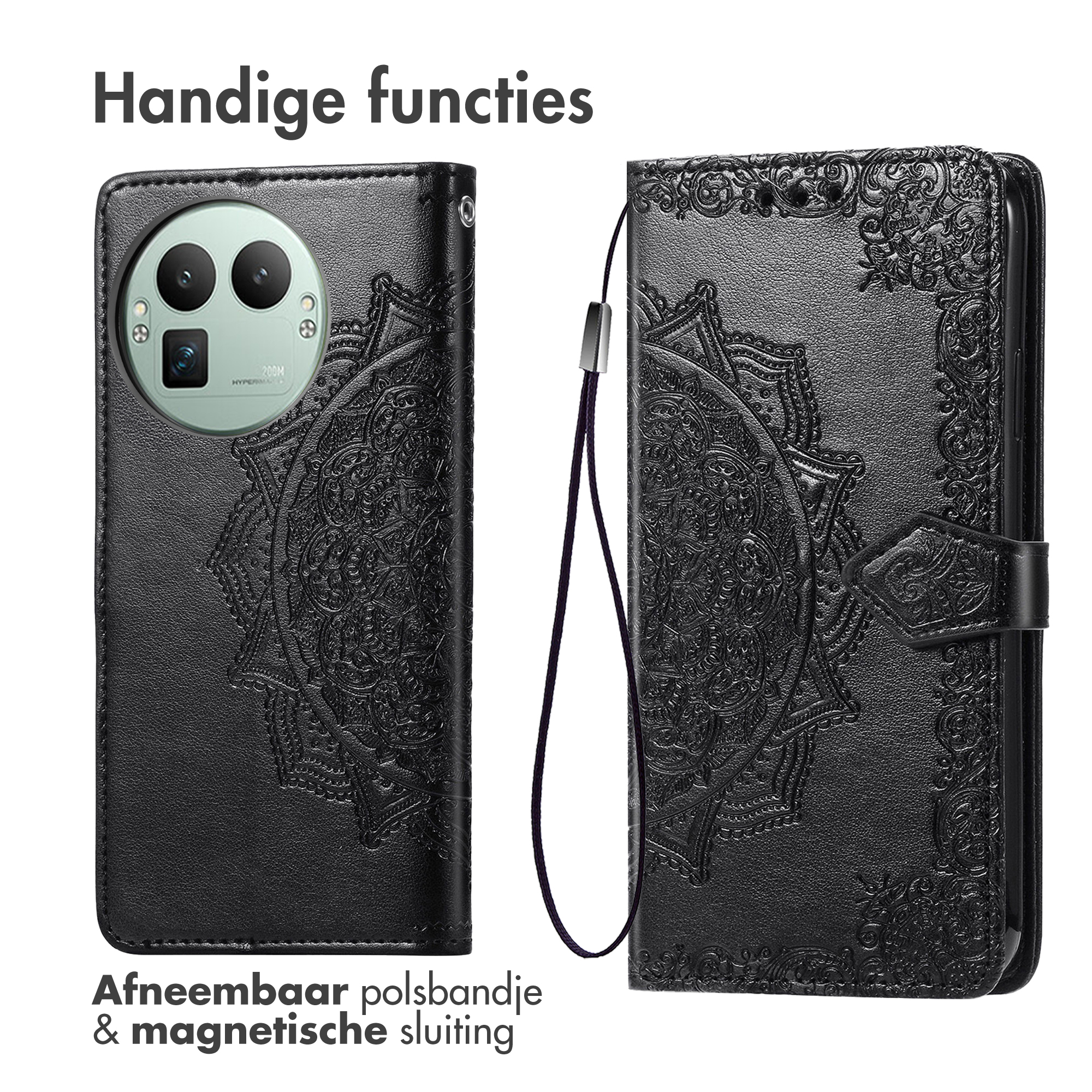 Zwart lederen flipcase voor telefoon met mandala-reliëf en afneembaar bandje.