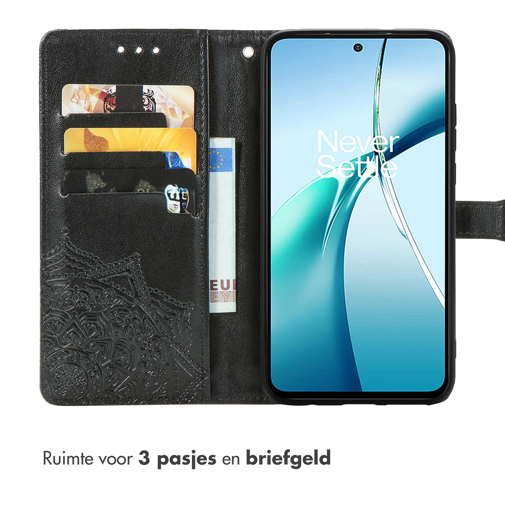 Zwarte telefoonhoes met kaarthouders en telefoon.