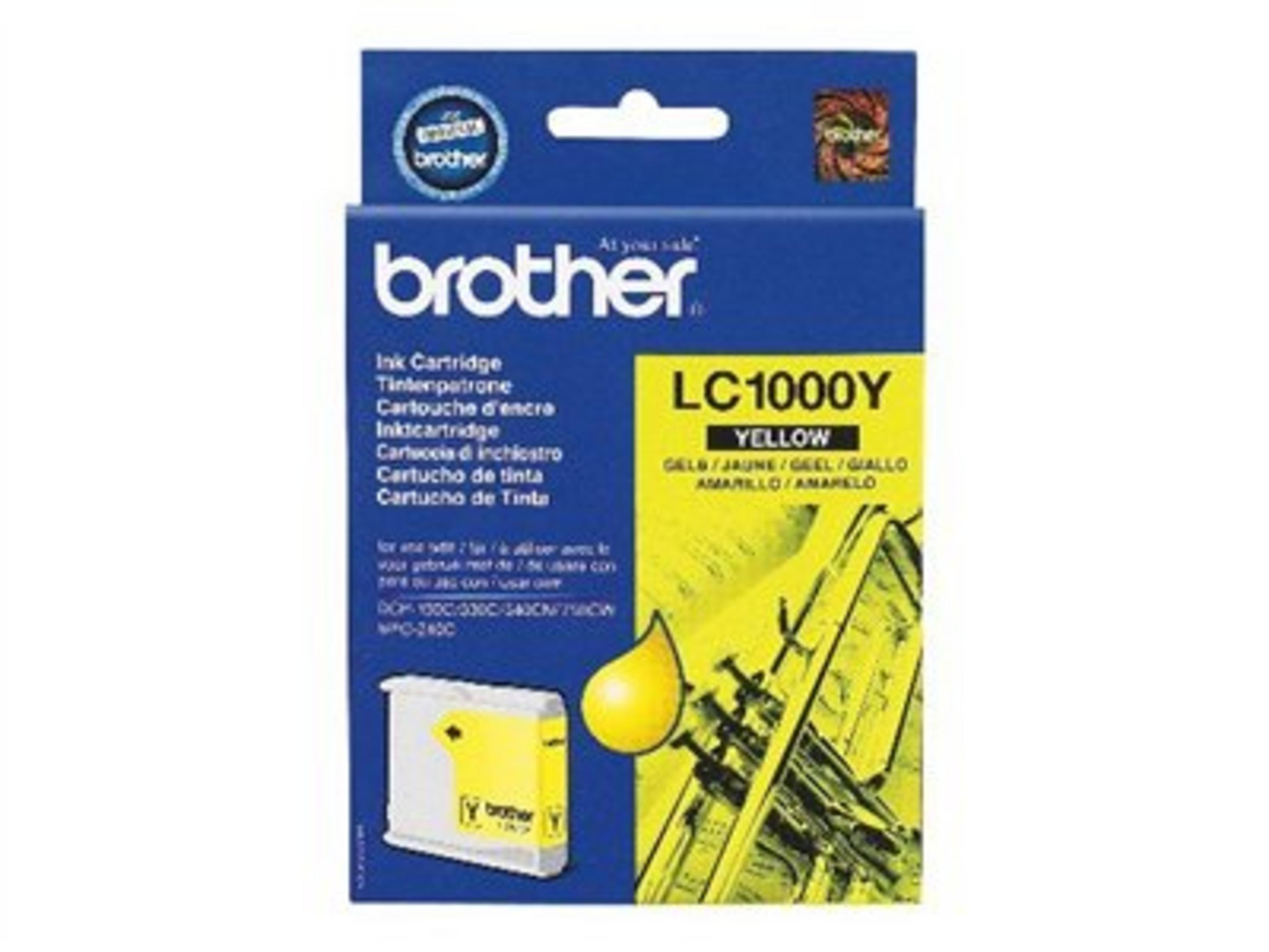 Brother LC1000Y gelbe Tintenpatrone auf blauem Karton mit Bild einer Patrone.