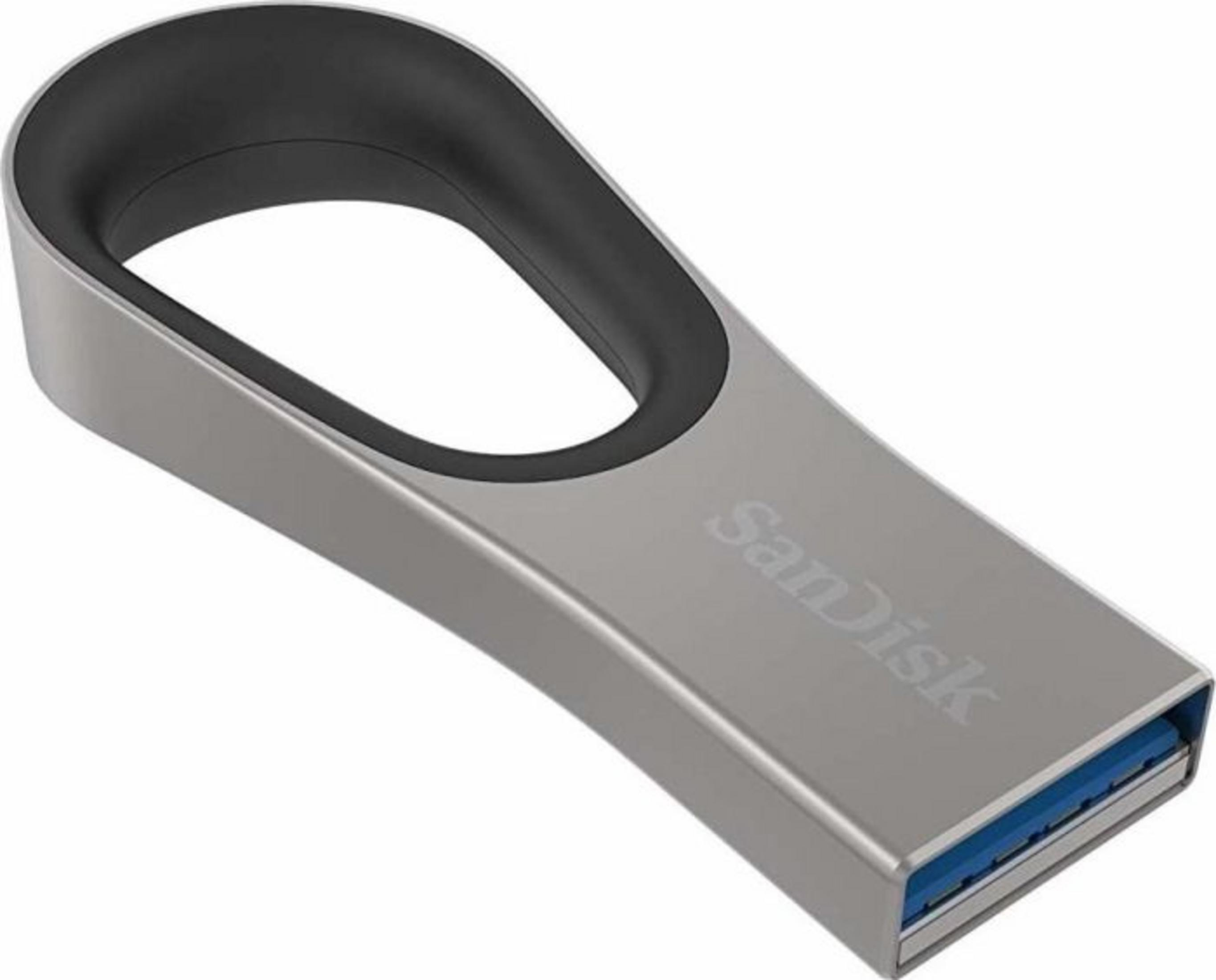 Chiavetta USB argentata con anello nero e interfaccia blu.