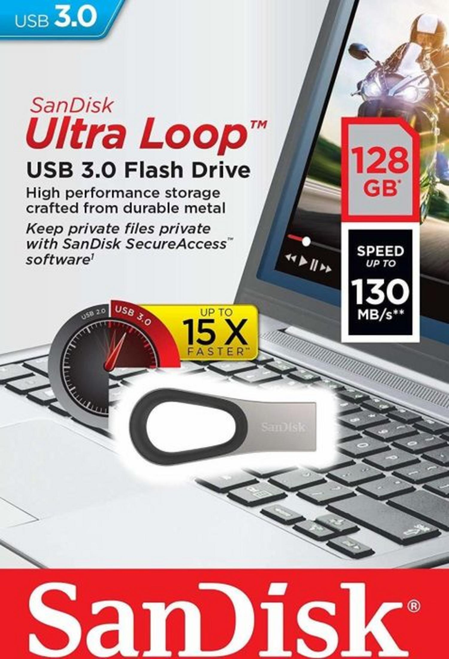 Chiavetta USB 3.0 SanDisk Ultra Loop da 128 GB su tastiera laptop, mostra velocità.