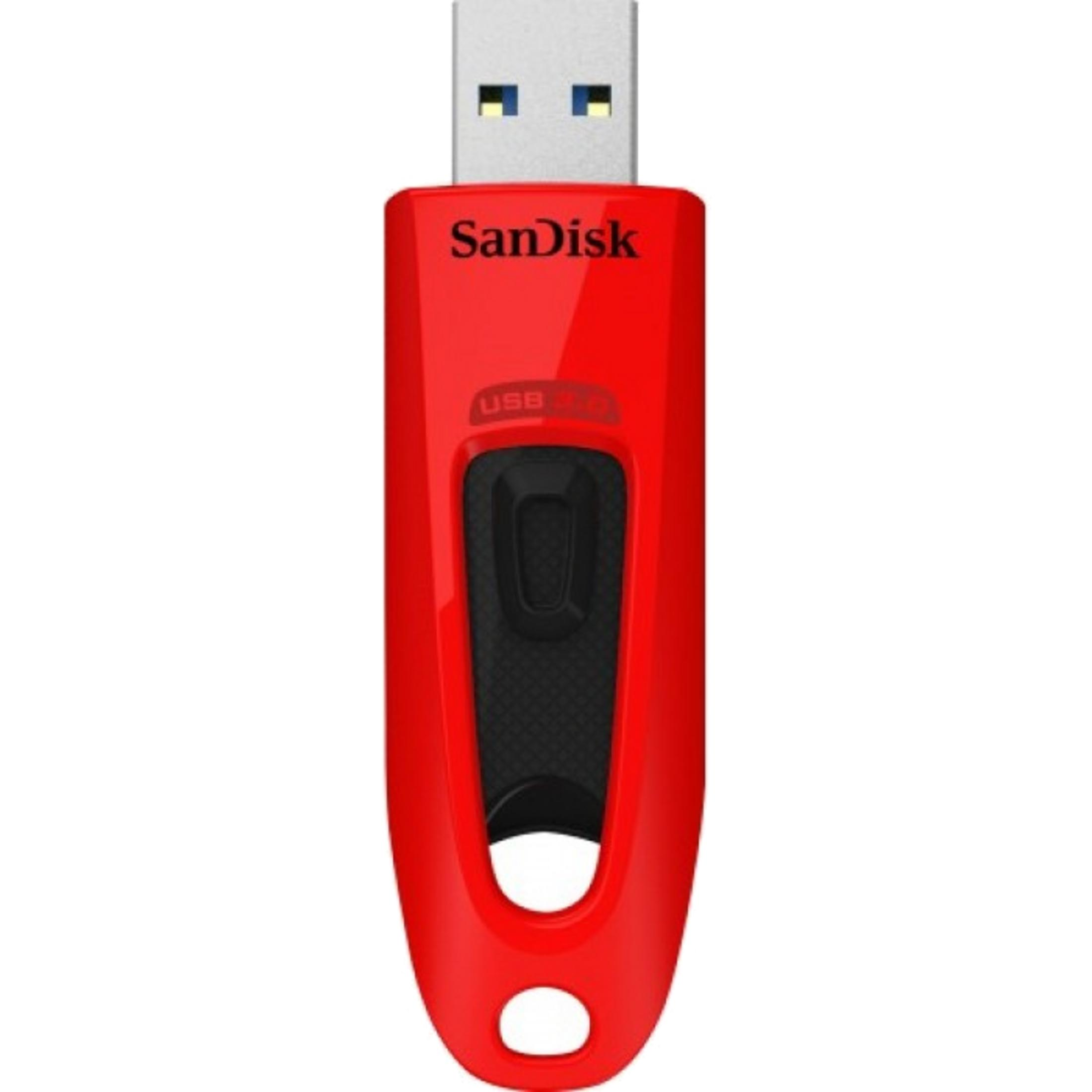 Czerwony pendrive SanDisk USB 3.0 z czarną wstawką i srebrnym złączem.