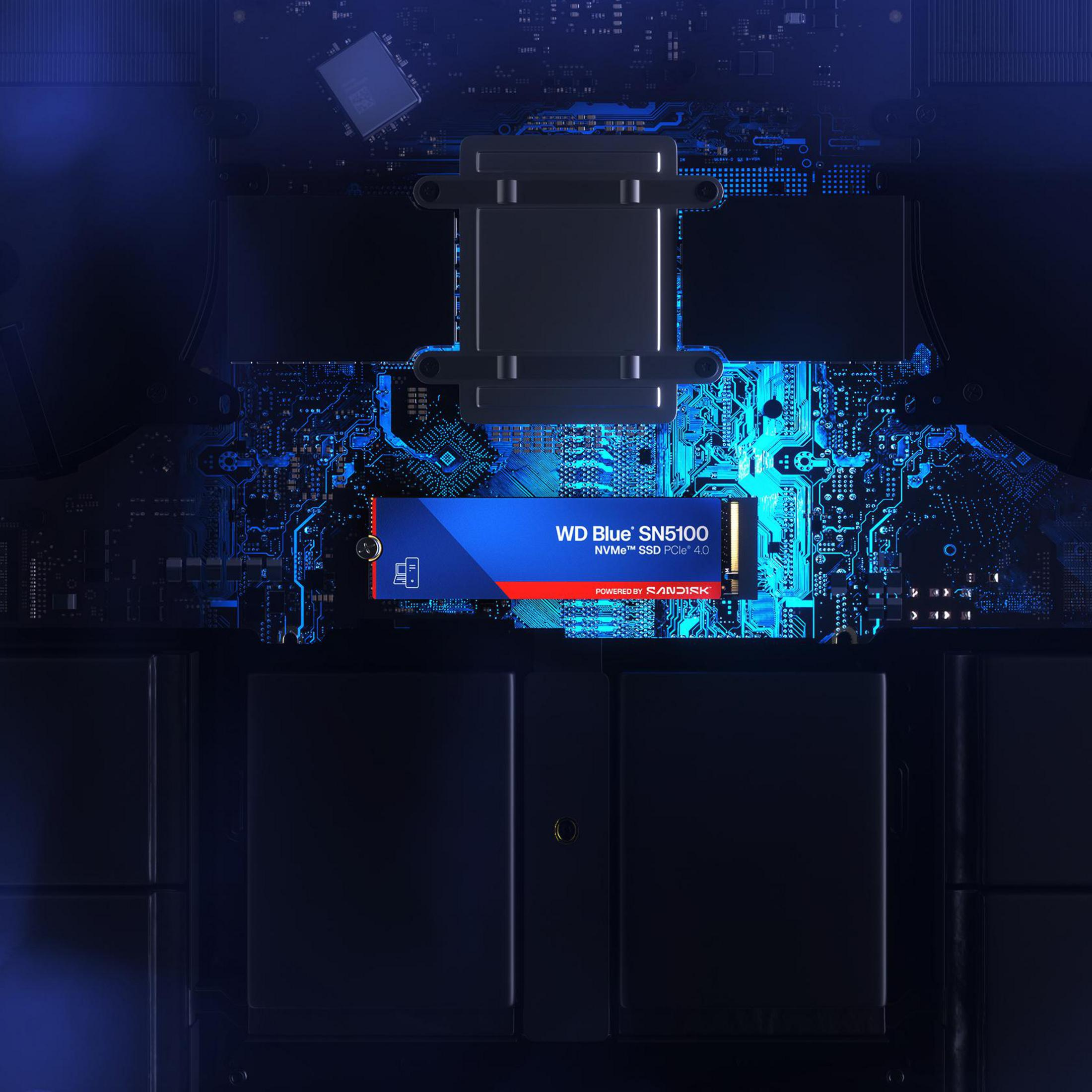 Un SSD NVMe WD Blue SN5100 blu con striscia rossa su un circuito stampato.