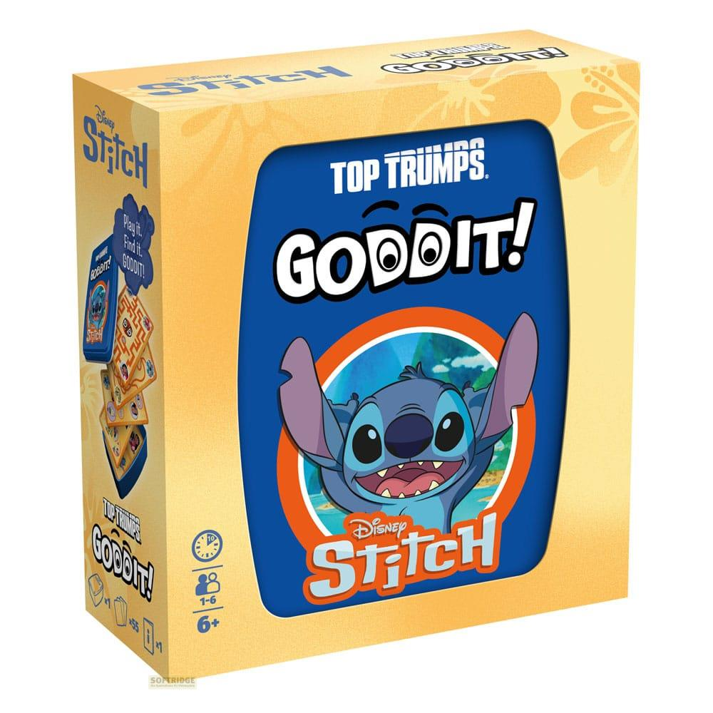 Scatola del gioco di carte "Goddit!" Disney Stitch Top Trumps con Stitch sorridente.