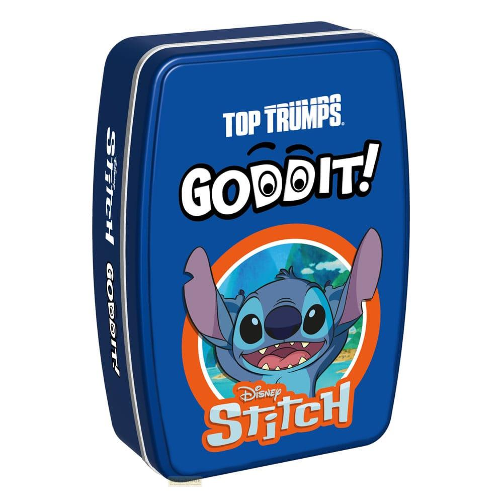 Lattina blu con Stitch e logo 'Top Trumps'. Testo 'Stitch Goddit!' sul lato.