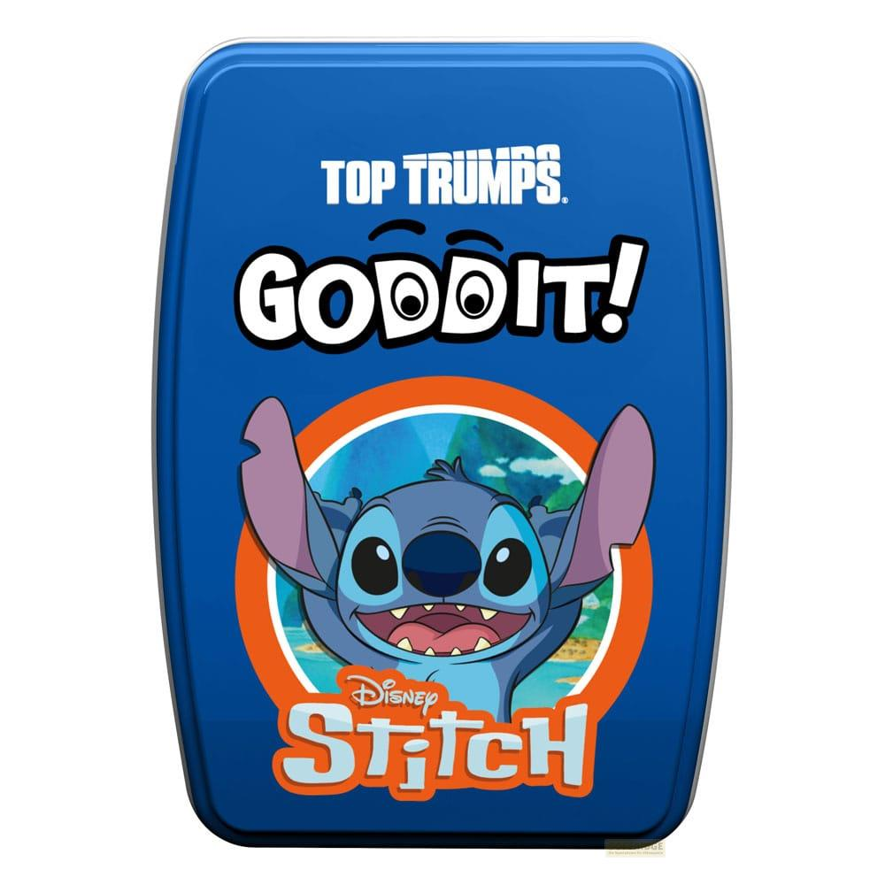La scatola del gioco "Top Trumps" presenta Stitch Disney che ride su sfondo blu.