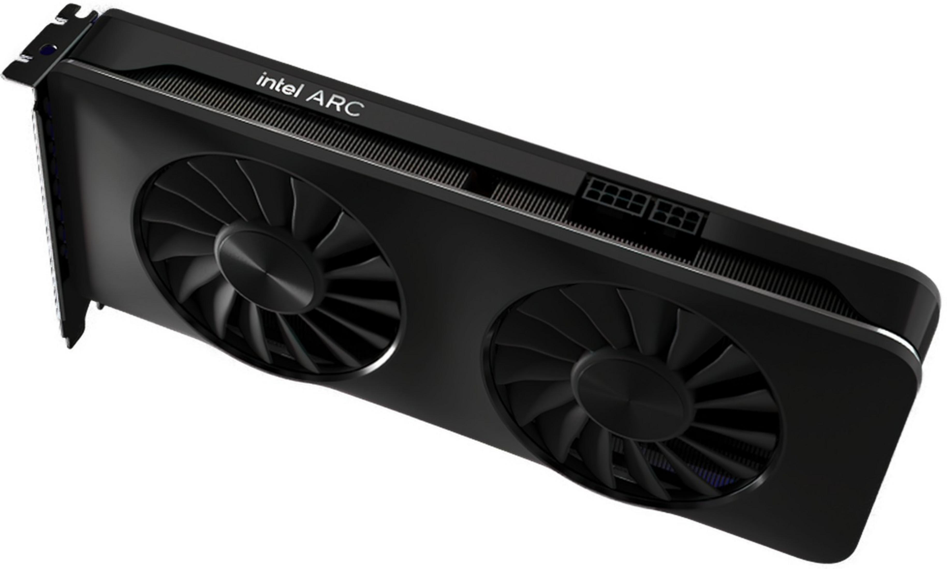 Tarjeta gráfica Intel Arc negra con dos ventiladores y aletas.