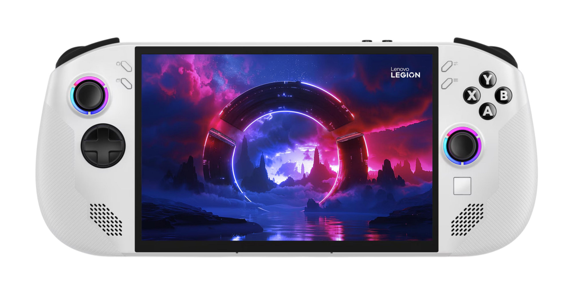 Białe ręczne urządzenie do gier pokazujące ekran science-fiction i kolorowe kontrolki.