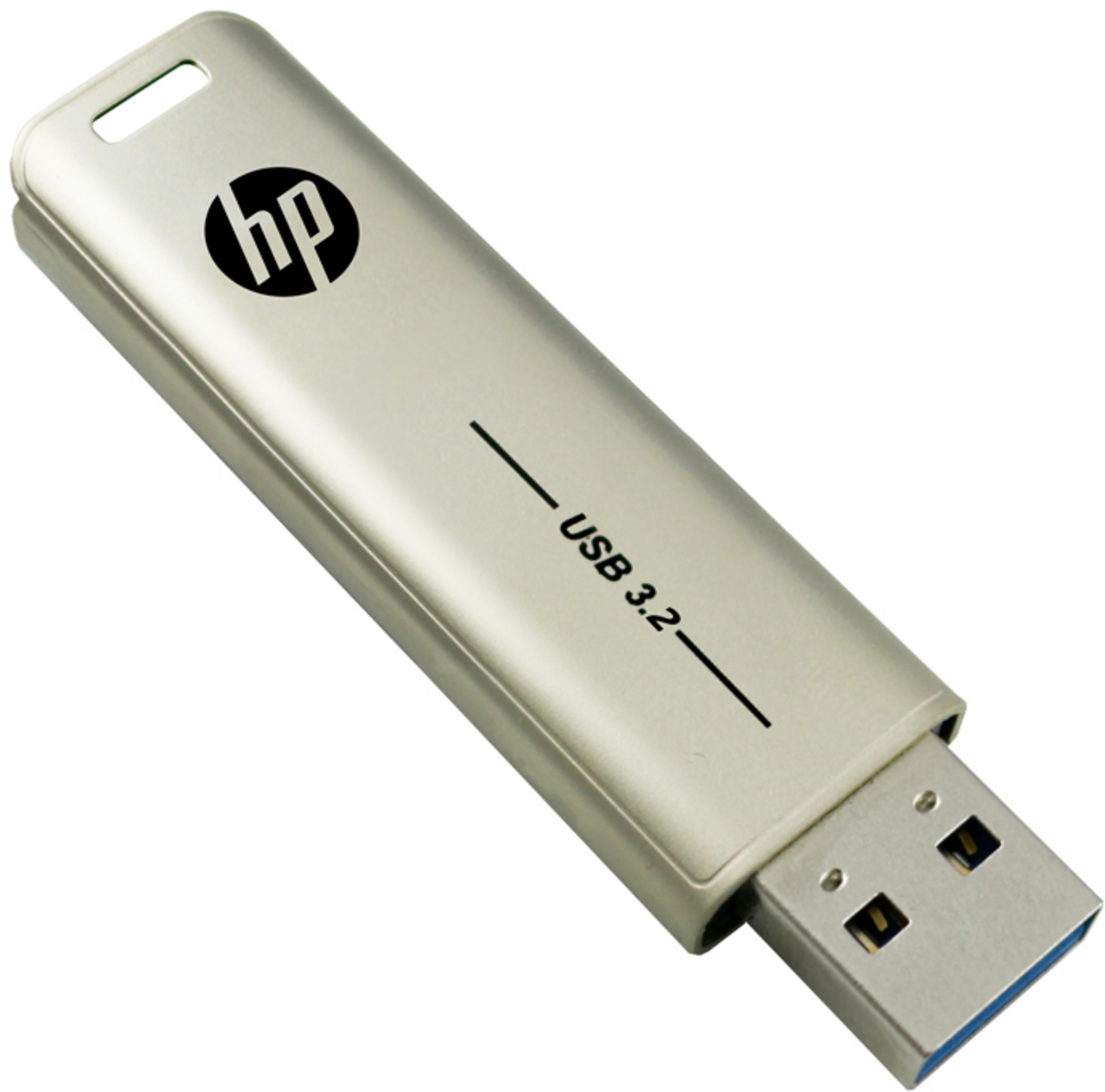 Srebrny pendrive HP USB 3.2 z czarnym logo i widocznym złączem.