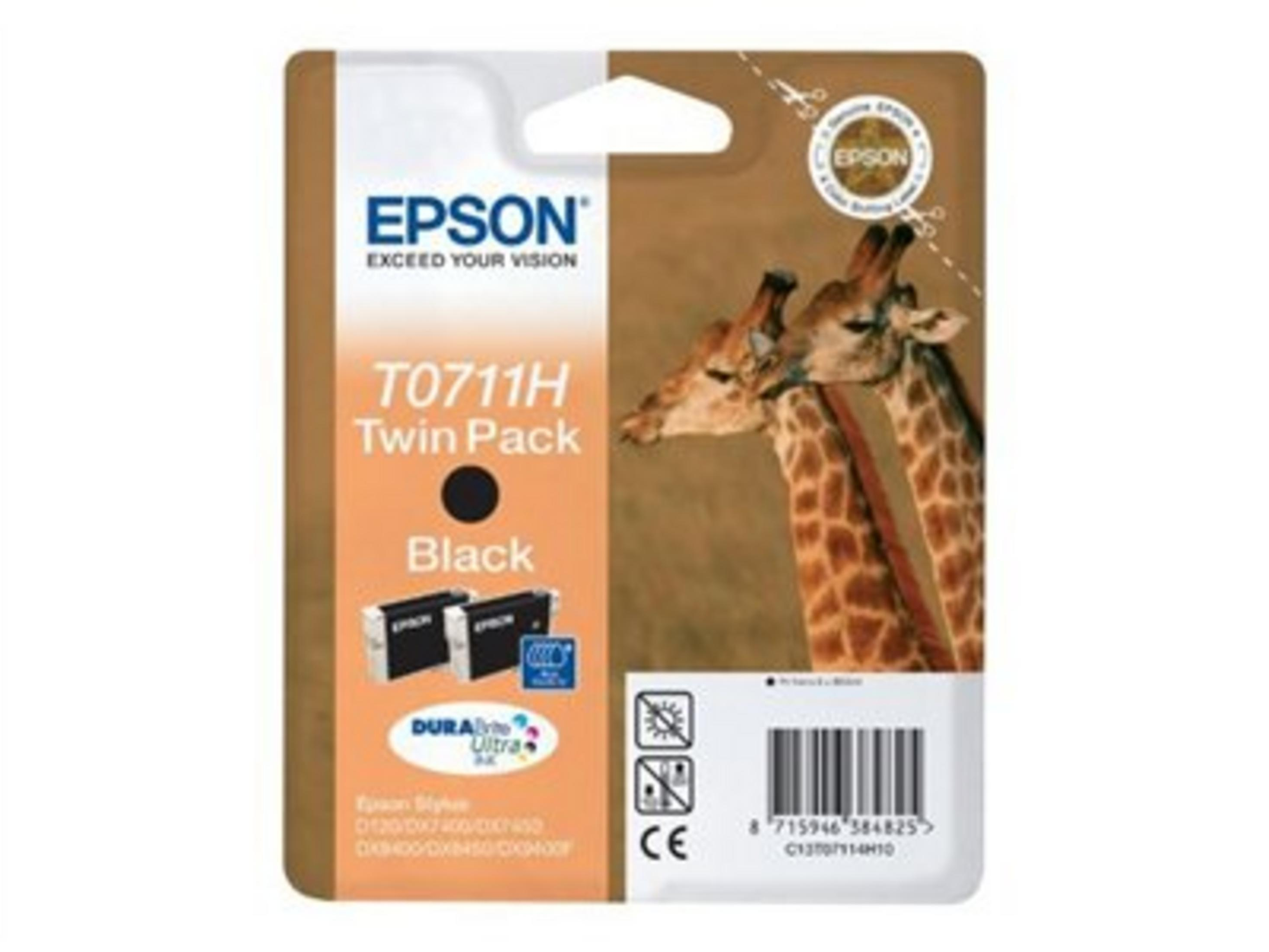 Podwójne opakowanie czarnych tuszów Epson T0711H z wizerunkiem żyrafy.