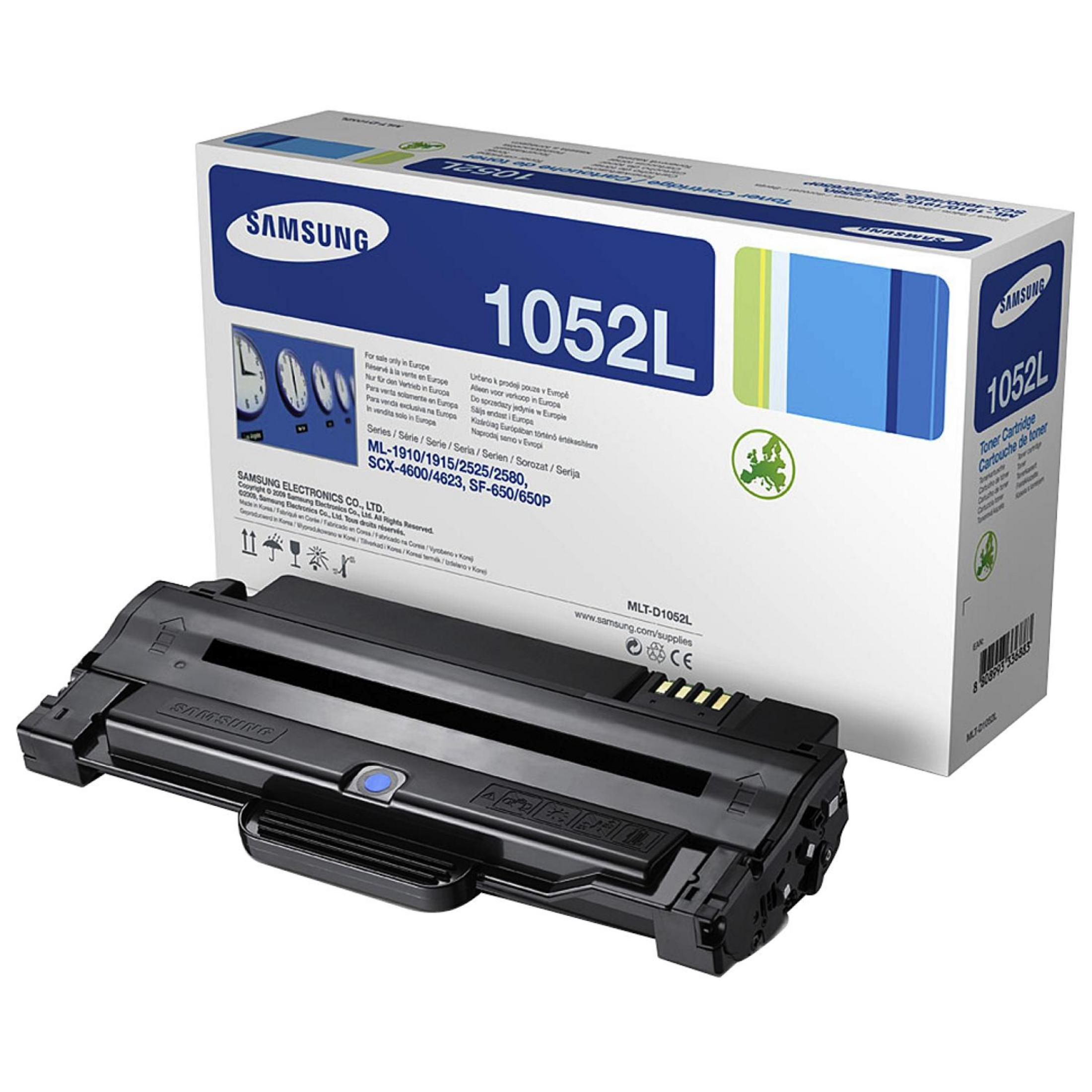 Cartuccia toner Samsung 1052L e scatola con testo.