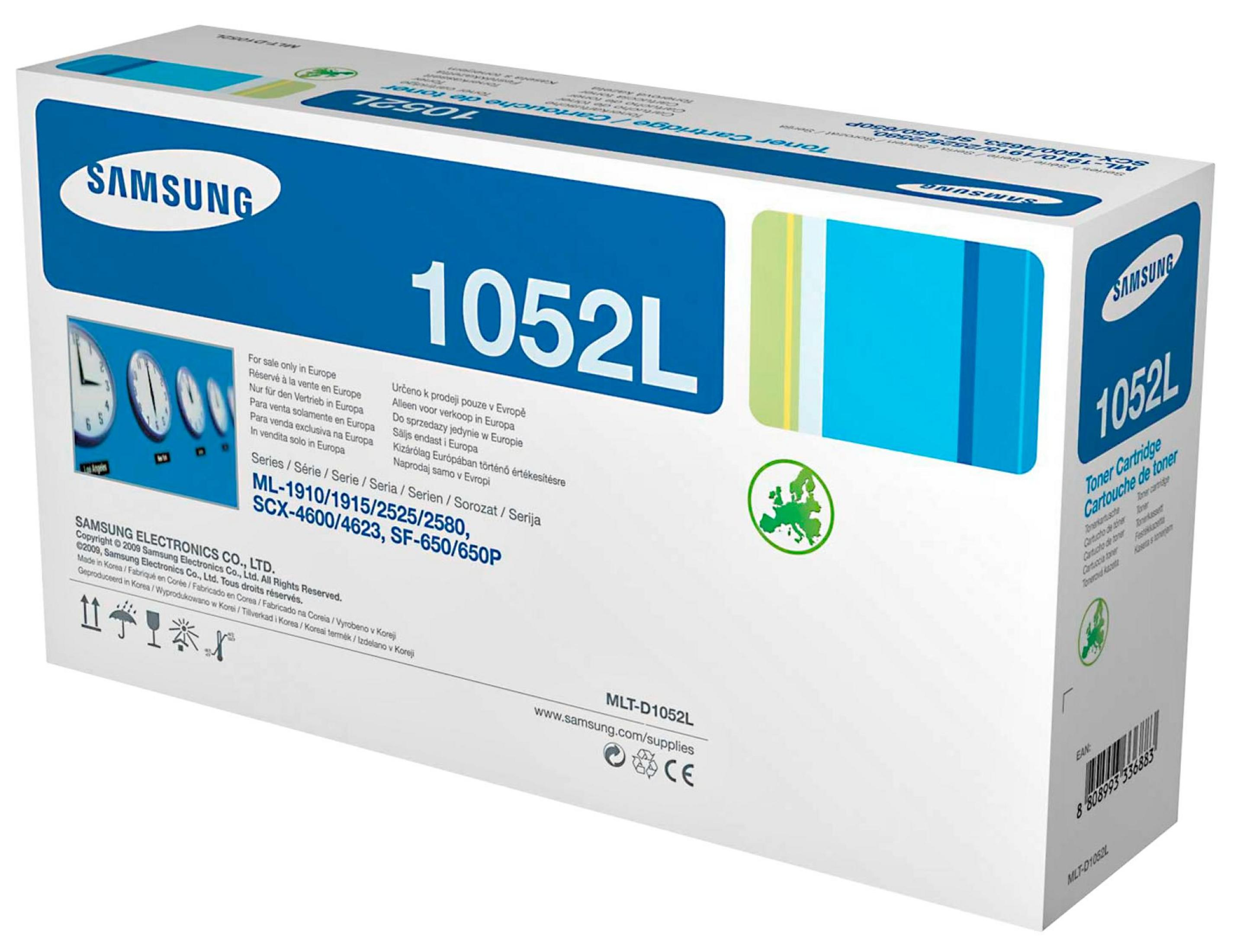 Cartuccia toner Samsung 1052L, confezione blu e bianca, con dettagli prodotto.