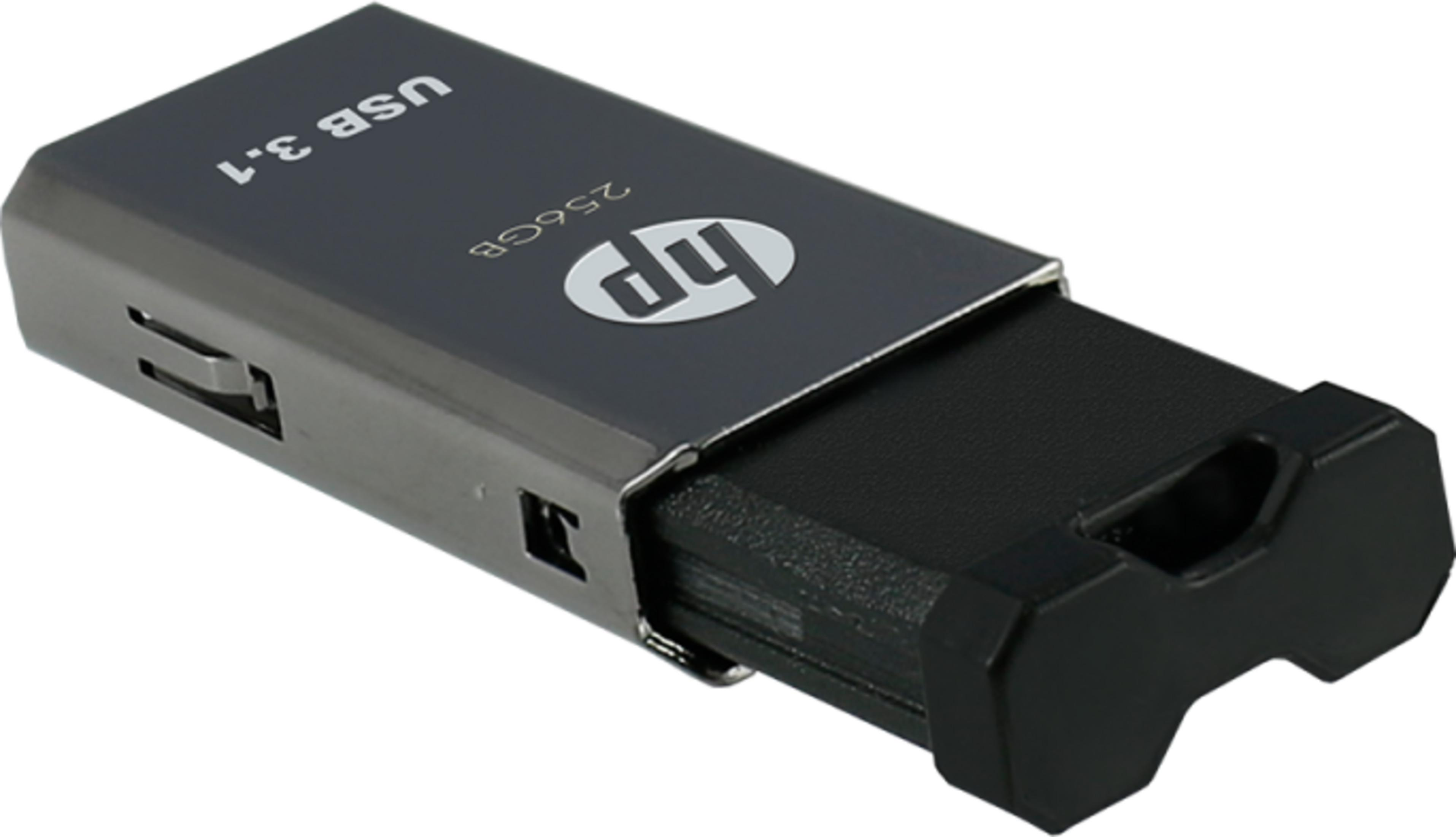 Una chiavetta USB HP 3.1 da 256 GB grigia con connettore retrattile.