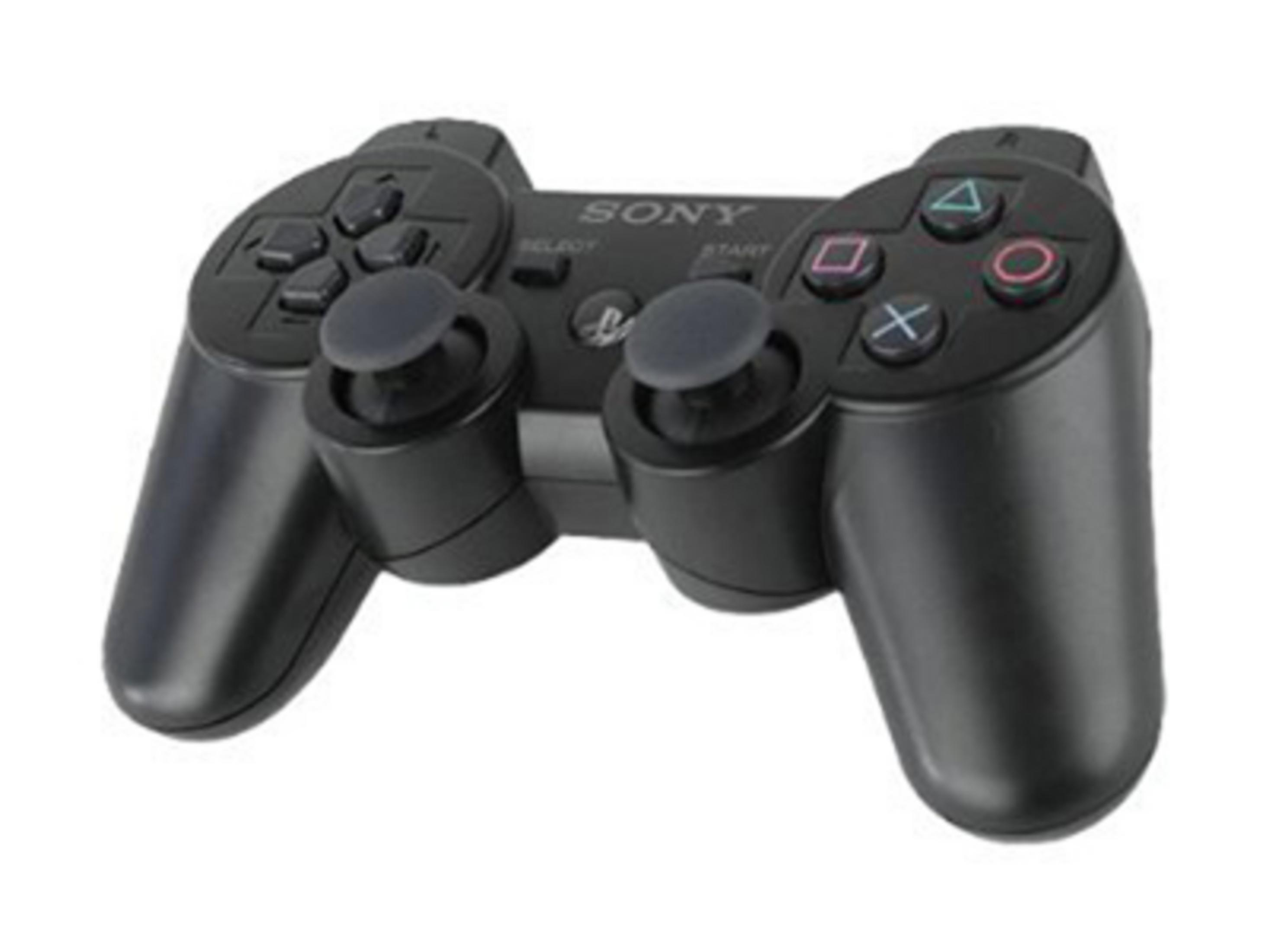 Schwarzer PlayStation-Controller mit zwei Joysticks und Knöpfen.