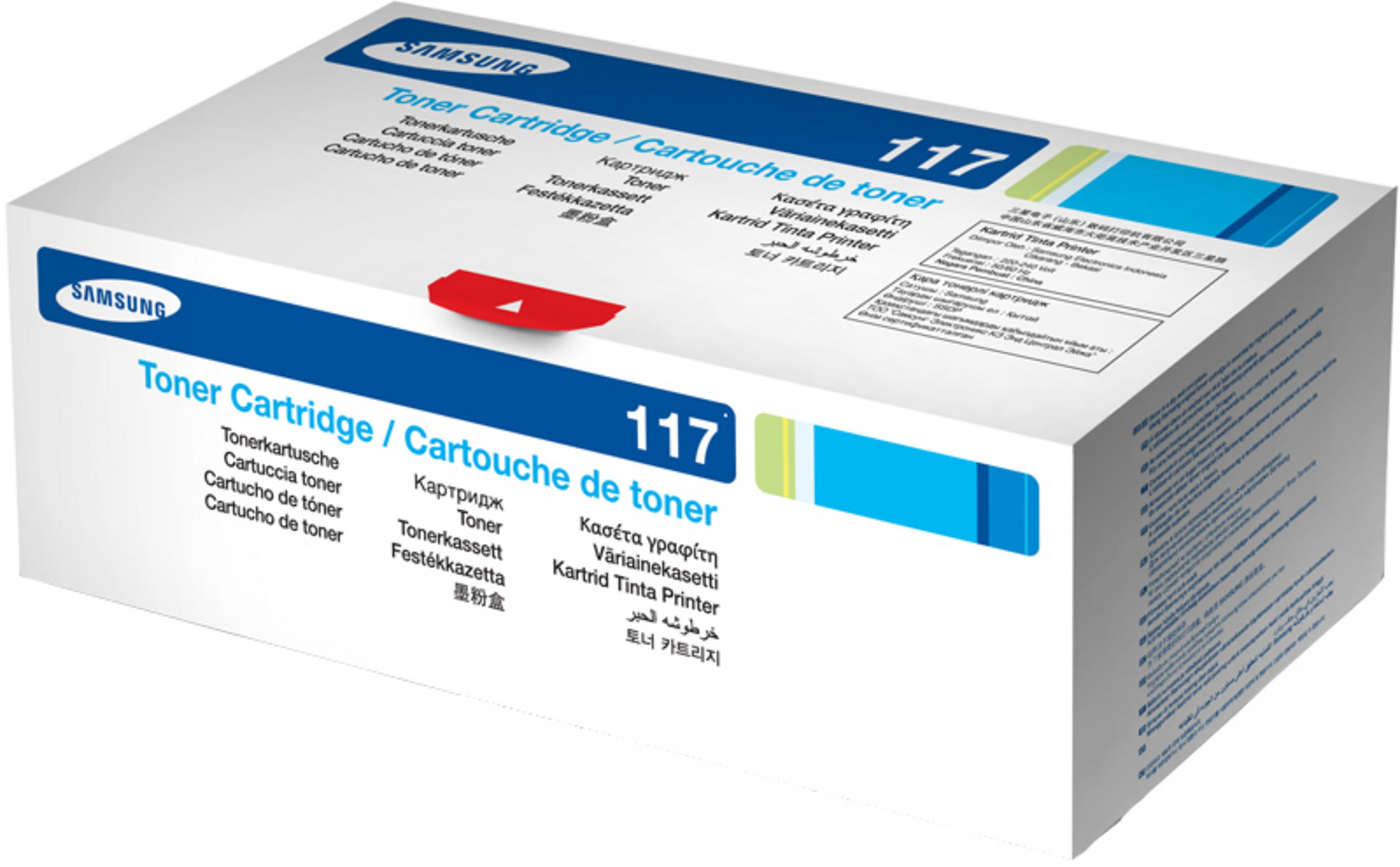 Scatola cartuccia toner Samsung 117, bianca con stampa blu e testo multilingue.