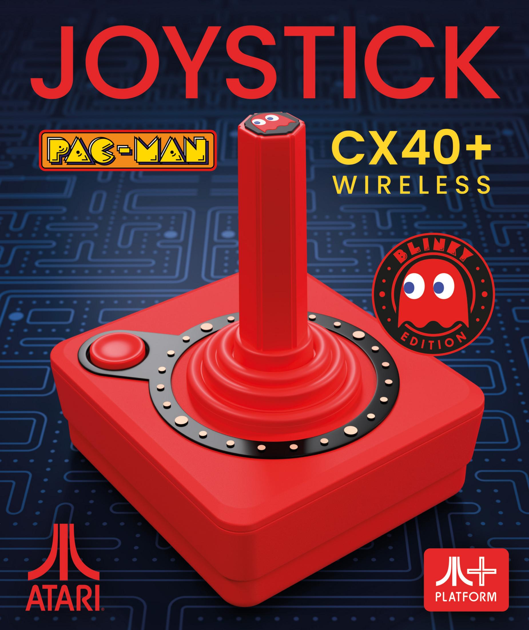 Joystick Atari rosso con logo Pac-Man e stampa Blinky Edition.