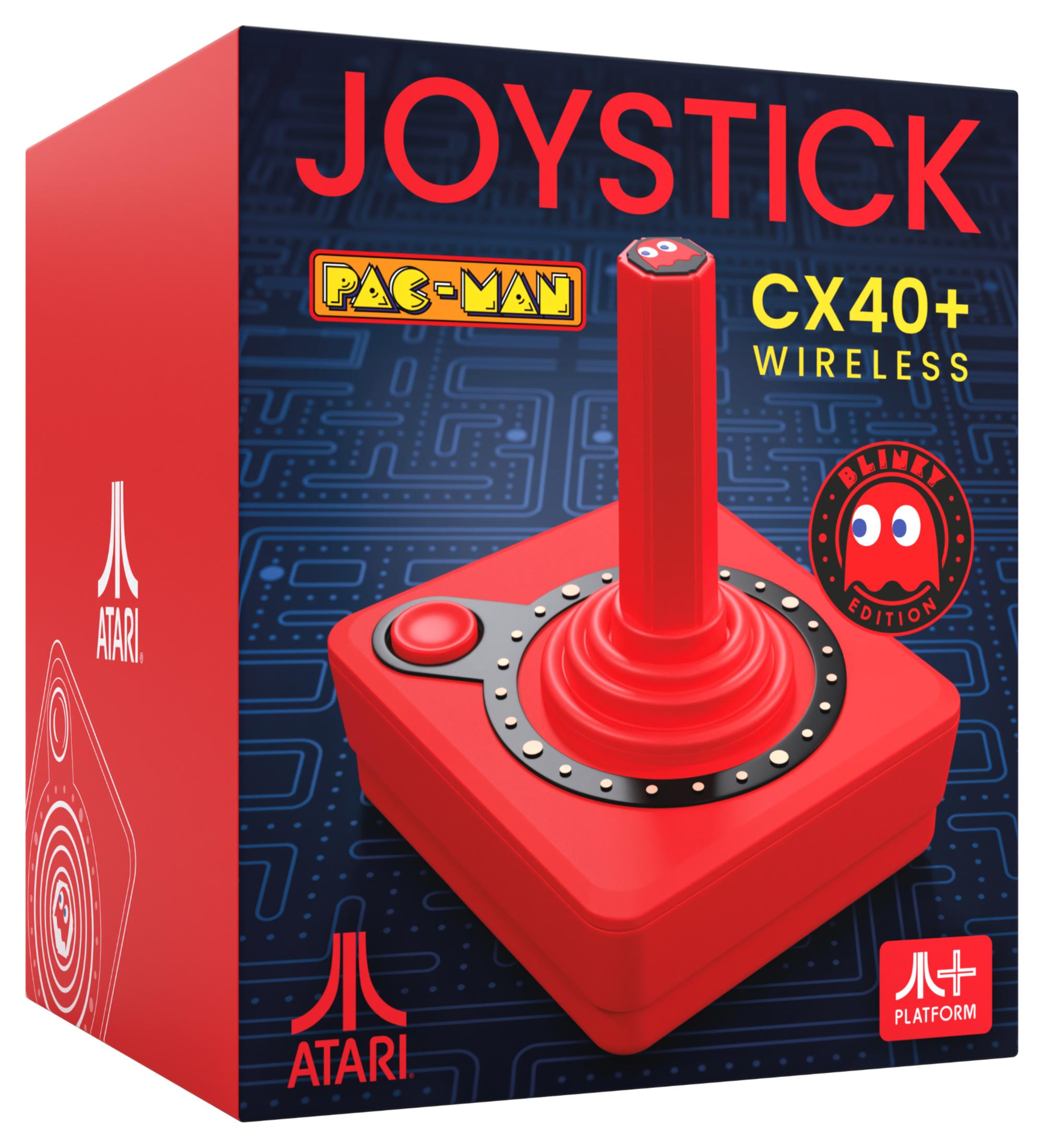 Confezione joystick rossa Atari CX40+ a tema Pac-Man con design a circuito stampato.