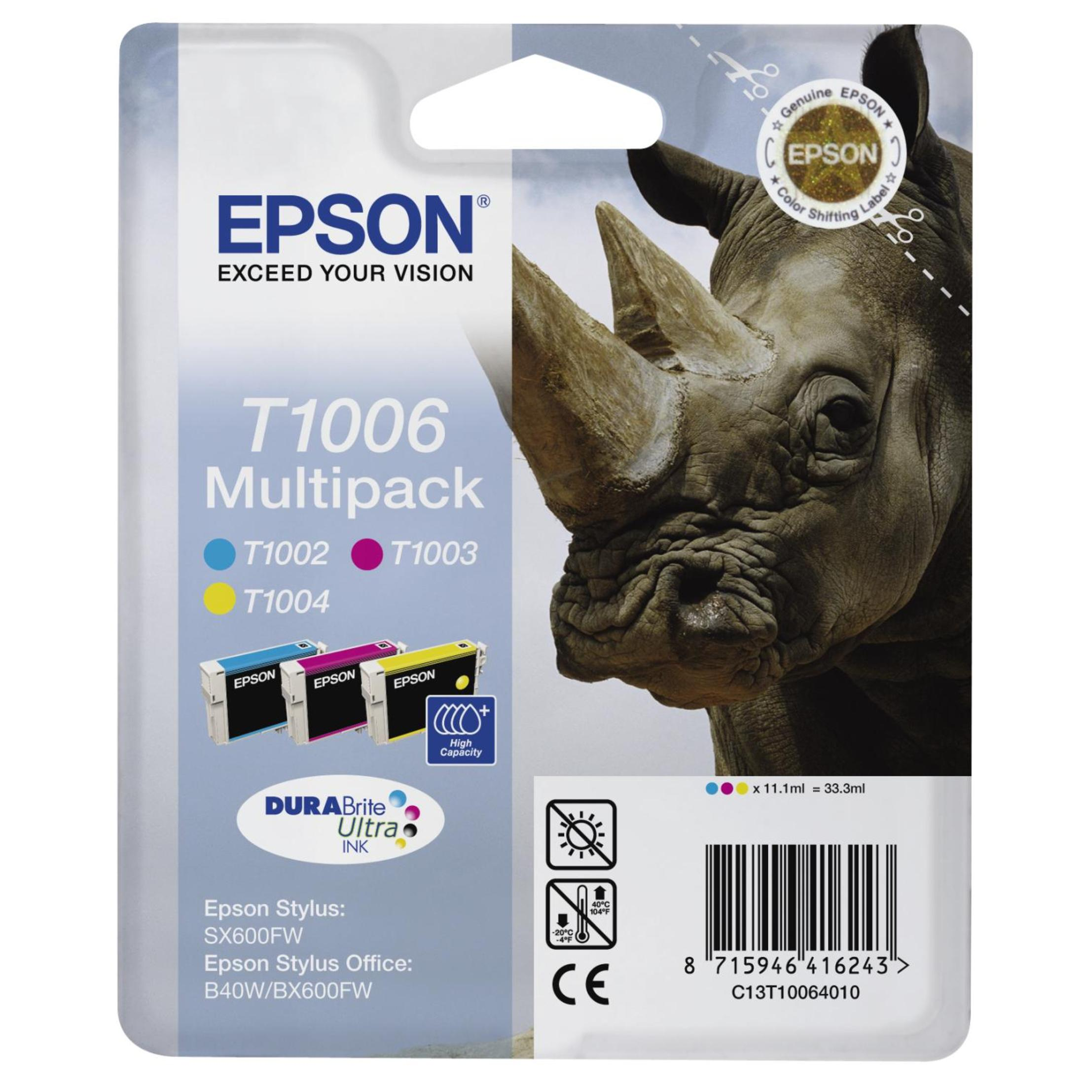 Epson T1006 Multipack Tintenpatronen mit Nashorn-Motiv und Barcode.
